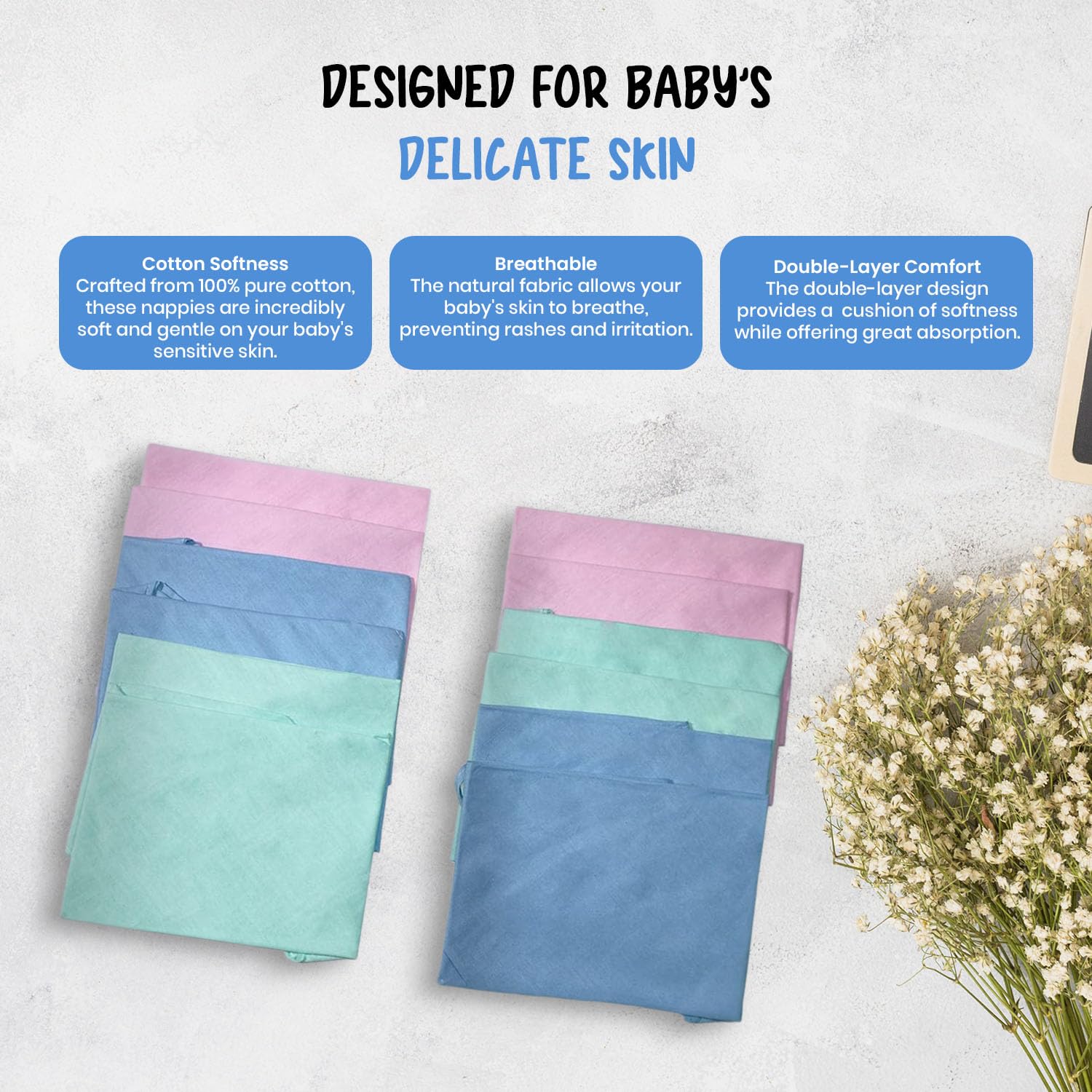 Nappy for New Born Baby - Set of 12 Pcs/Cotton Cloth Langot for Babies, 0-6 Months, Double Layer Nappies, V Shaped, Washable and Reusable, Pack of 12 - Image 6 thumbnail