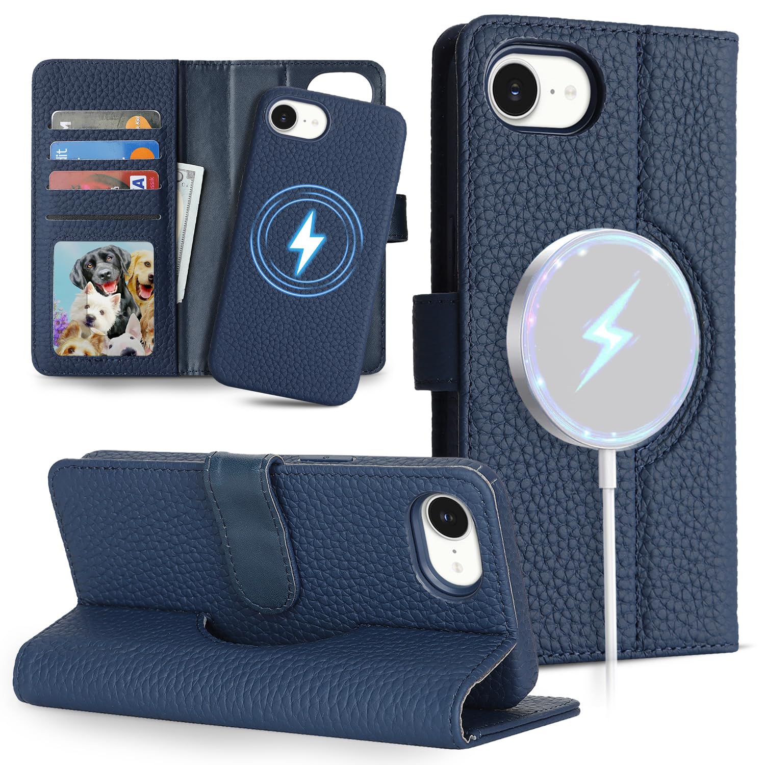 Detachable Genuine Leather Case for iPhone 16e/ iPhone 17e Wallet Case Magnetic 2in1 Removable Flip Cover Book Purse Compatible with Magsafe Charging Kickstand Card Holder-Navy Blue2