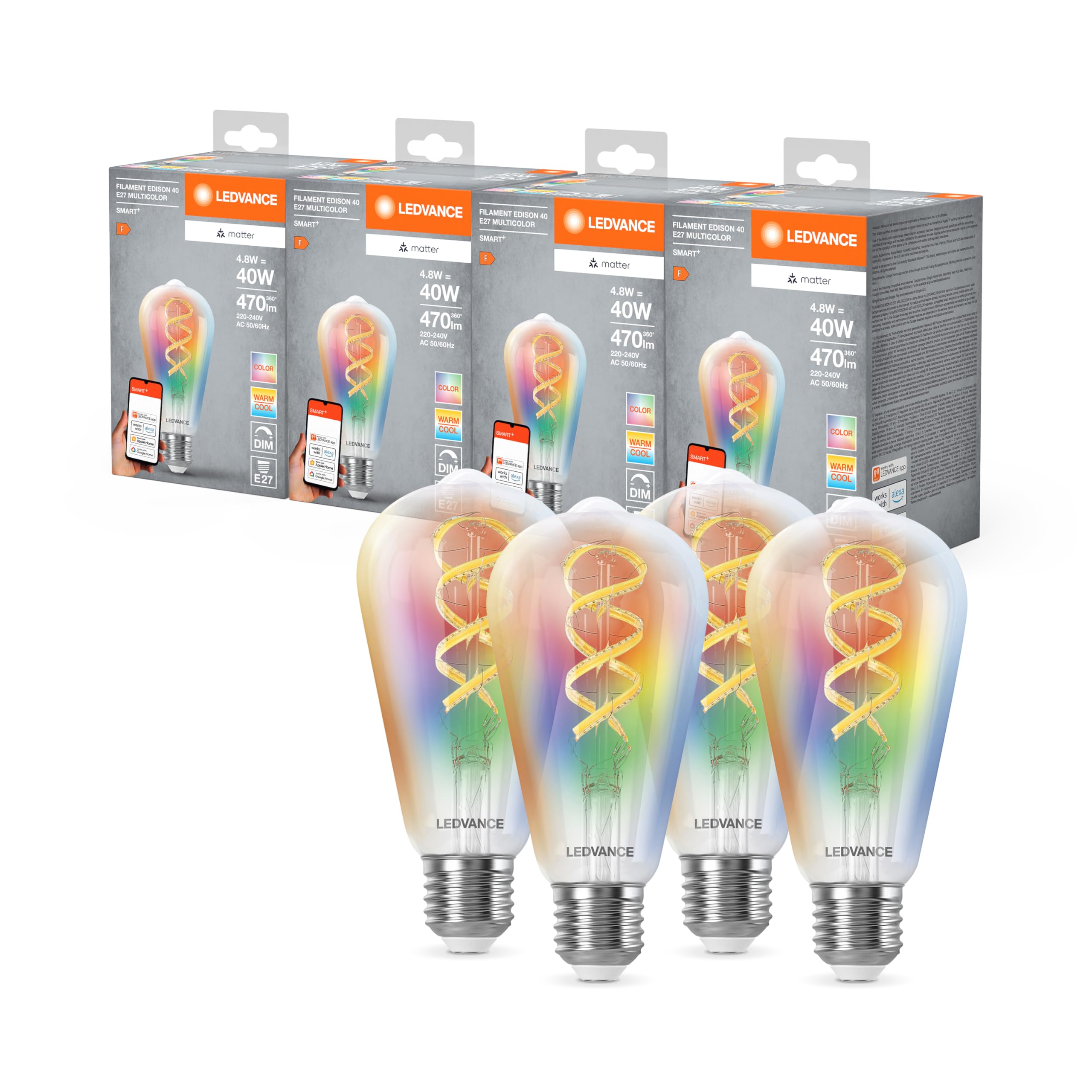 LEDVANCE SMART+ MATT LED lampe, compatible avec Google, Alexa, Apple, Glass Blanc, 4,8W, 470LM, E27, Couleur Lumière et Lumière blanche, avec Vocal Control, jusqu'à 15 000 HRs, 4-Pack
