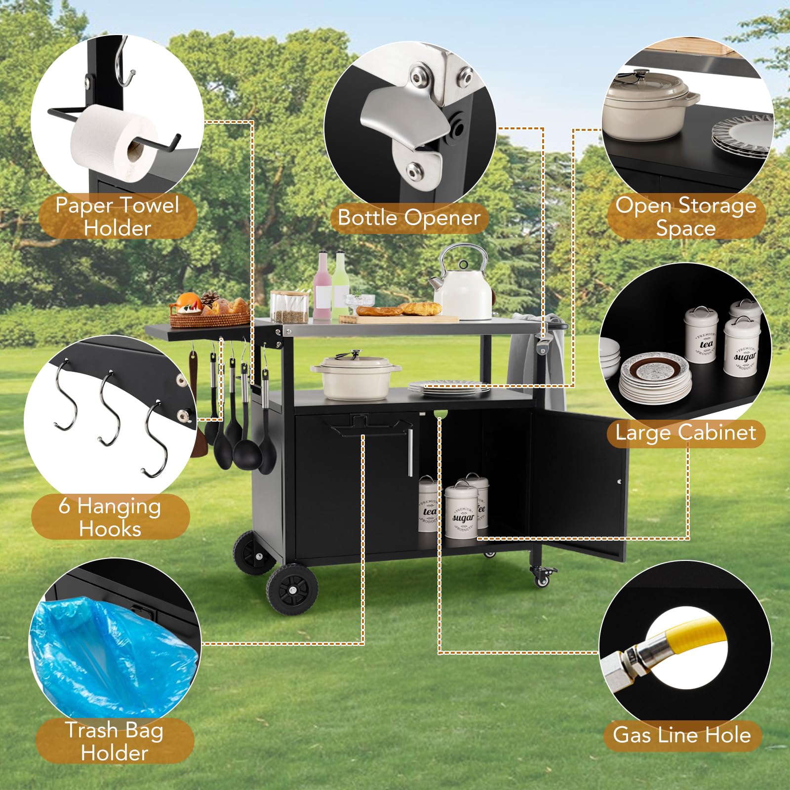GIANTEX Carrito de barbacoa para exteriores, mesa de barbacoa con encimera de acero inoxidable y mesa lateral plegable, carrito de cocina con ruedas, mesa auxiliar con soporte para bolsa de basura