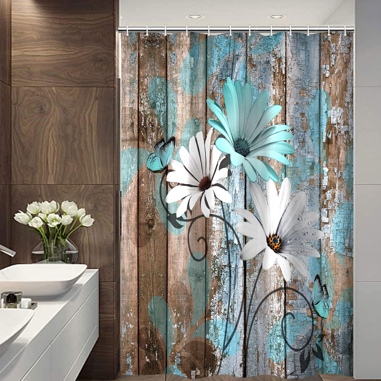 JAWO Farmhouse Flower Floral Shower Curtain, Rustic Teal Turquoise Daisy Shower Curtain Set, Country Blue Wild Garden Plant Fabric Shower Curtain with Hooks, Surreal Bathroom Curtain, 36x70inch
