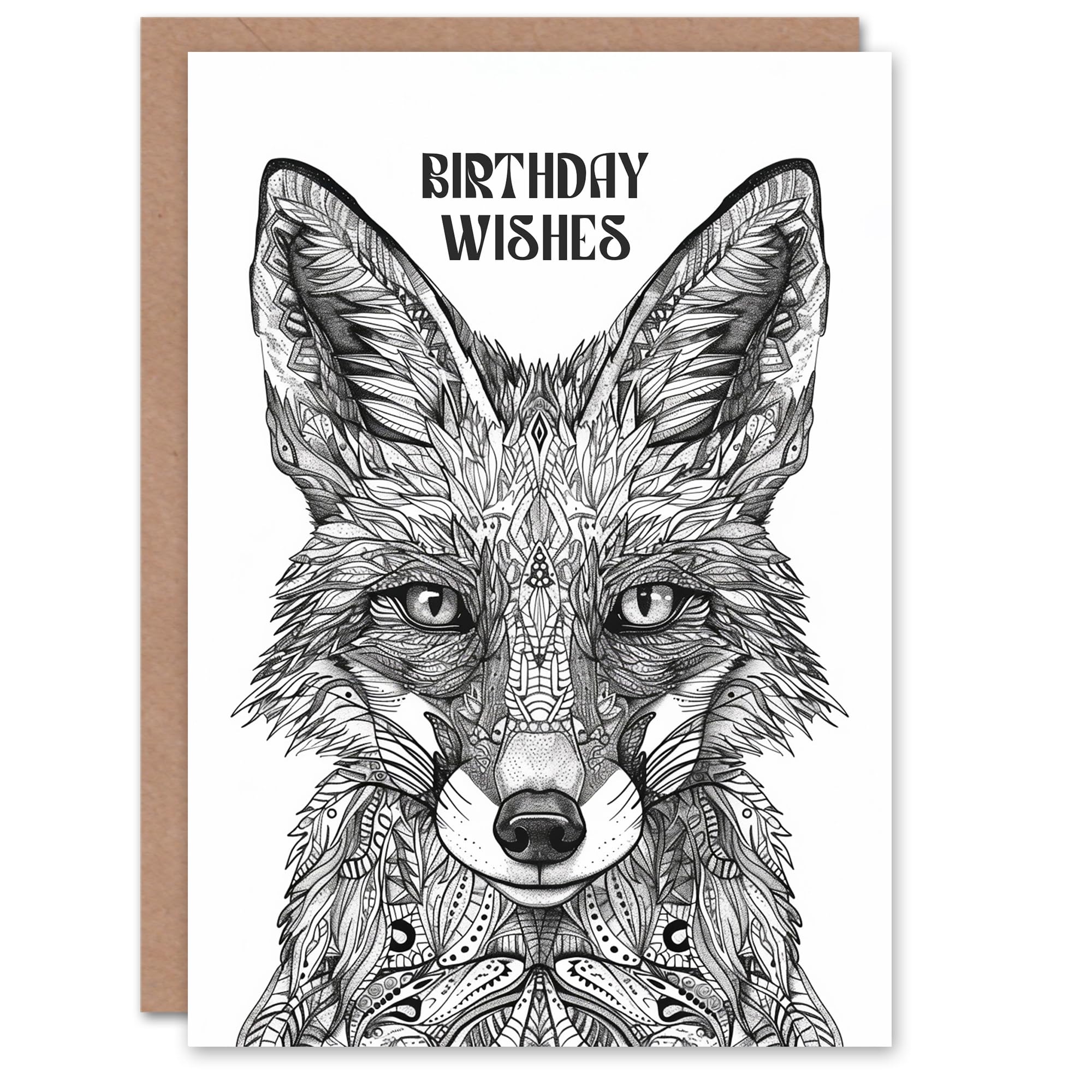 Artery8 Mystical Fox Black White Tribal Folk Art Wishes Blank For Him Or Her Art Birthday Card