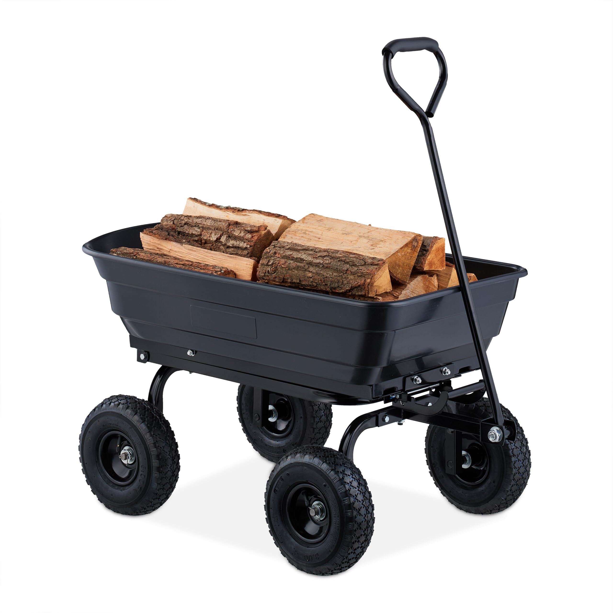 Relaxdays Carro de Jardín con Cubeta Basculante, Carrito de Mano 4 Ruedas Neumáticas 3,50-4, hasta 250 kg, Negro