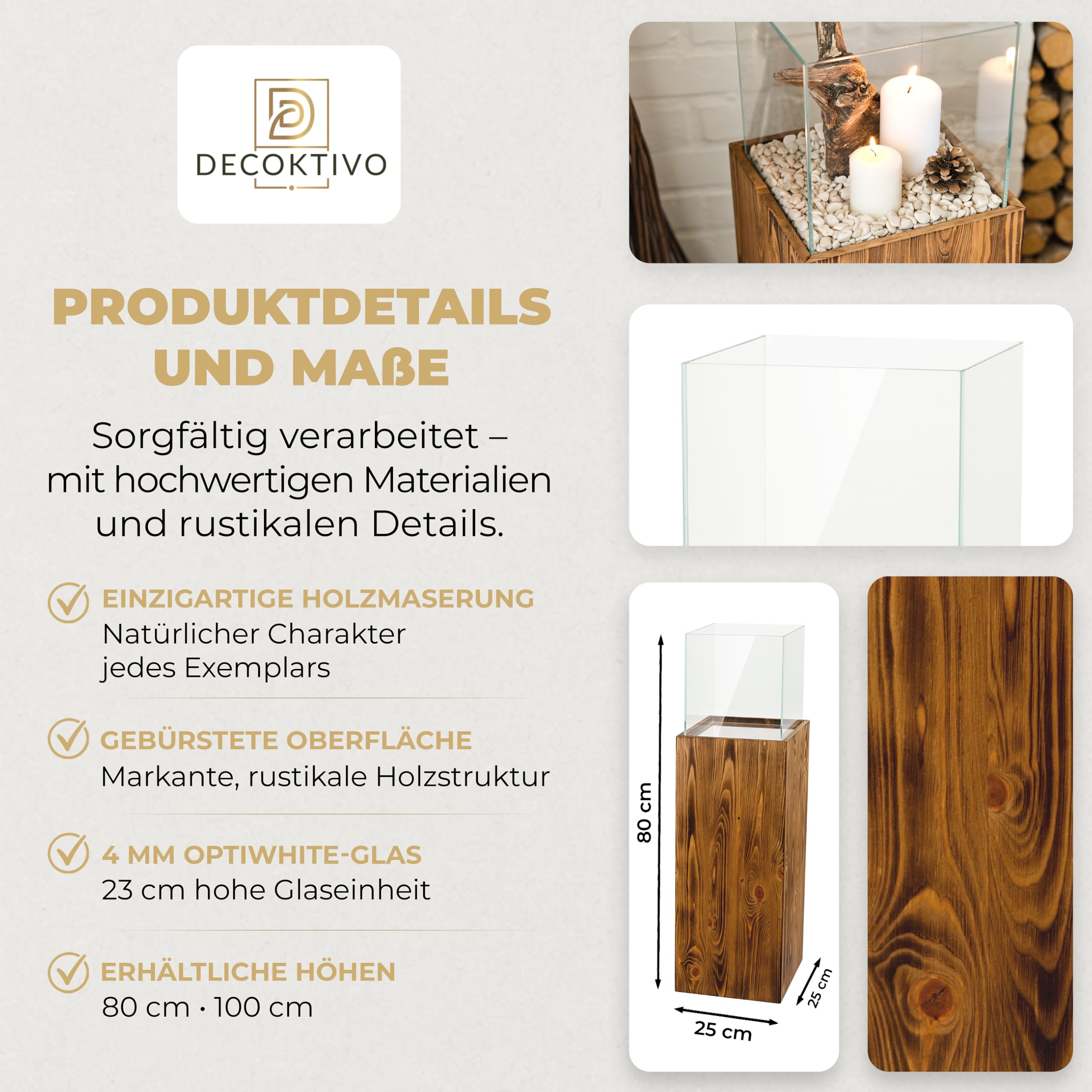 Colonna portacandela in legno e vetro, lanterna decorativa da pavimento, portacandela design per soggiorno, balcone e terrazza, finitura noce, altezza 80 cm