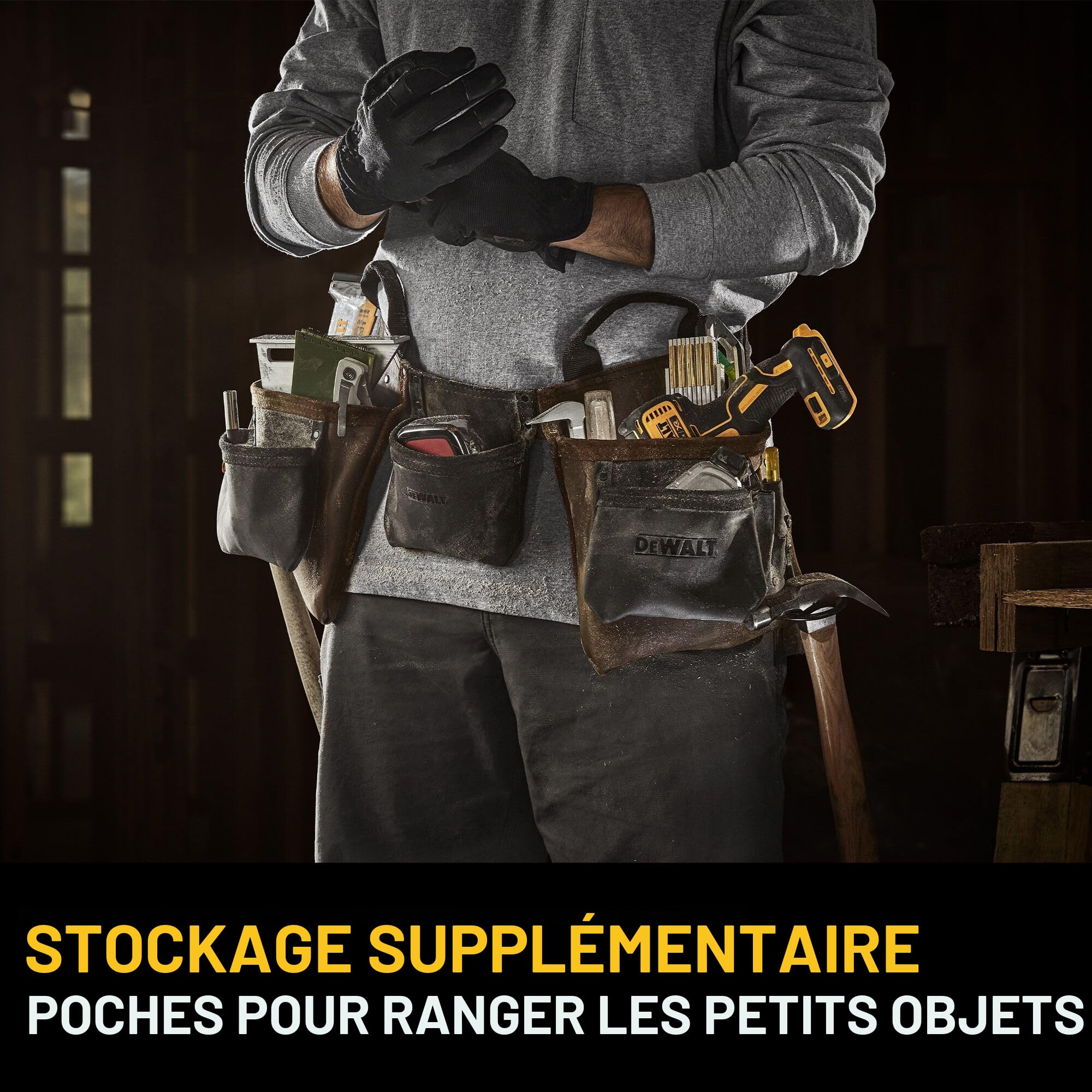 DEWALT Ceinture à outils en cuir, durable, ceinture professionnelle à 11 poches (DWST550112)