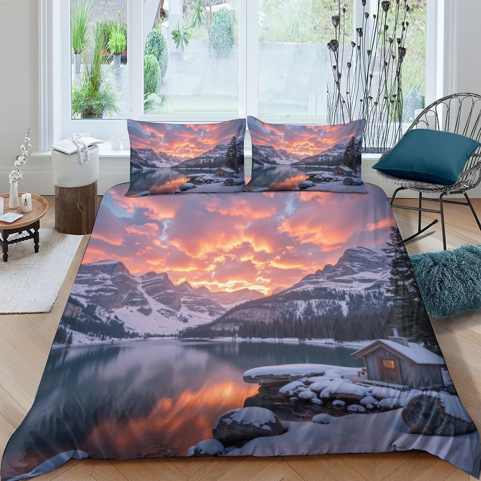 Ctjqhvkz Style-7 3D Printed Sunset Mountain Lake Fitted Sheet Microfiber Anti-Slip Bed Cover For Bedroom Dorm Decor Easy Care Single（135X200cm）