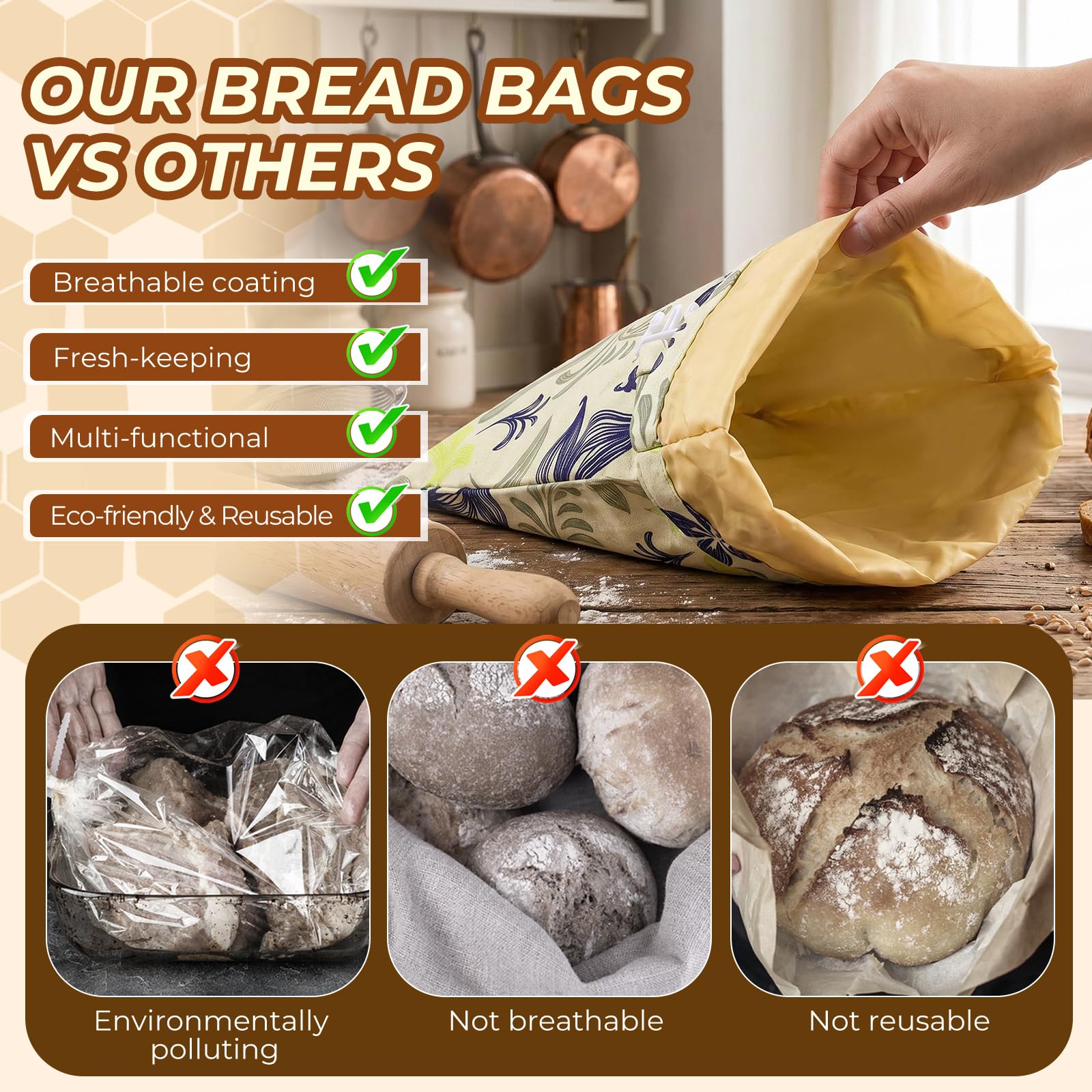 Sacchetti per il pane di cera d'api, 43×33 cm sacchetti di cotone rivestiti in cera d'api naturale, Borsa in cotone per conservare pane fatto in casa e prodotti da forno (confezione da 2) (Stile 4)
