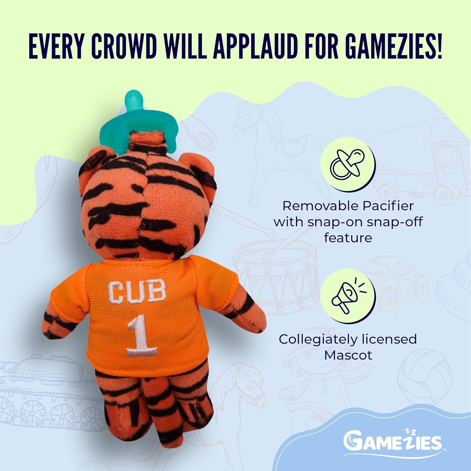 Gamezies Baby Boy and Girl Silicone Clemson University The Tiger Mascot Plush Pacifier Collegiately Licensed, Removable, Washable Plush Toy CPSIA Tested, BPA-Free 0-6 Months