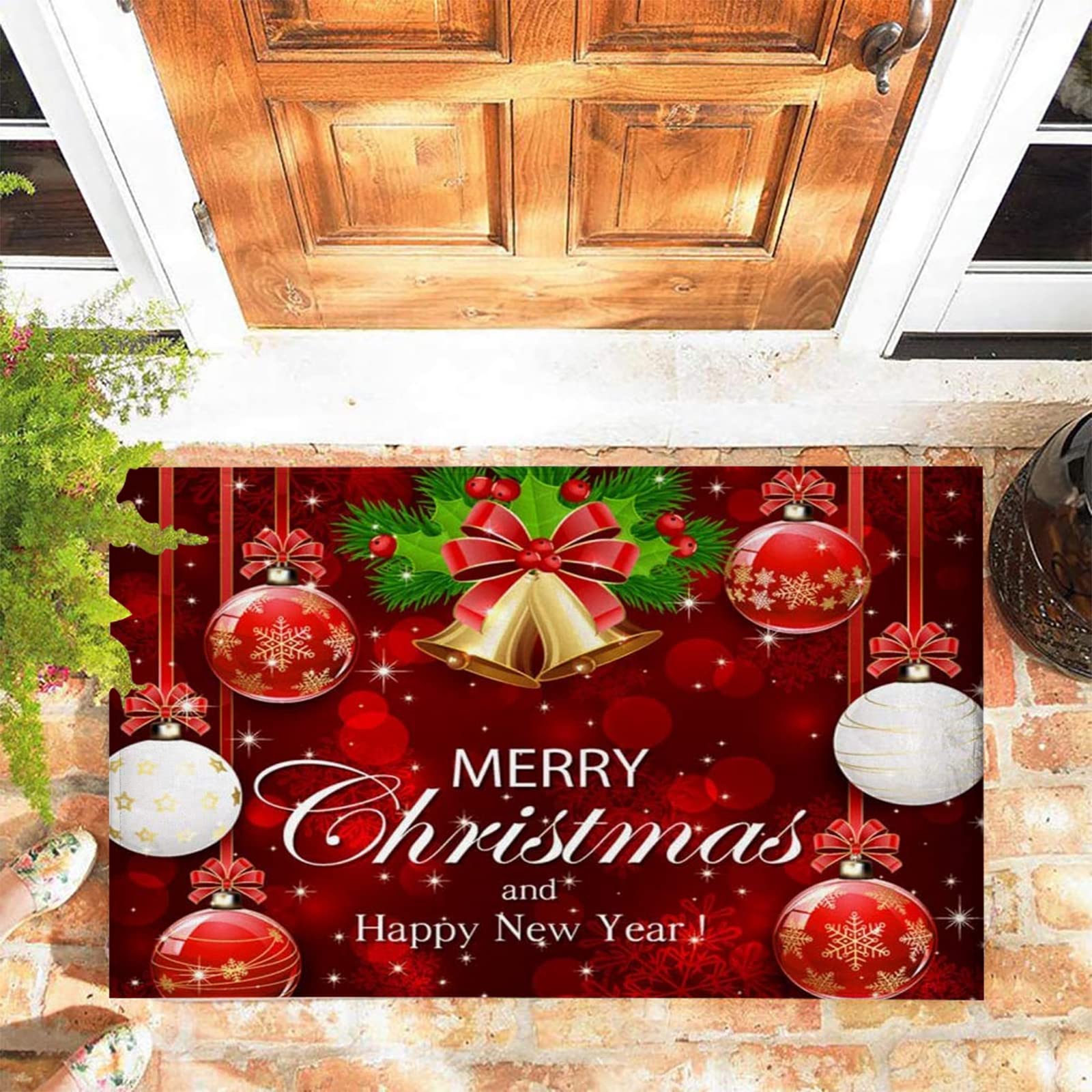 JOOCAR Door Mat Merry Christmas and Happy New Year Lettering Xmas Red Door Mat for Indoor, 45x75 cm, Non-slip Entrance Rug Machine Washable Soft Doormats for Kitchen Bathroom Bedroom