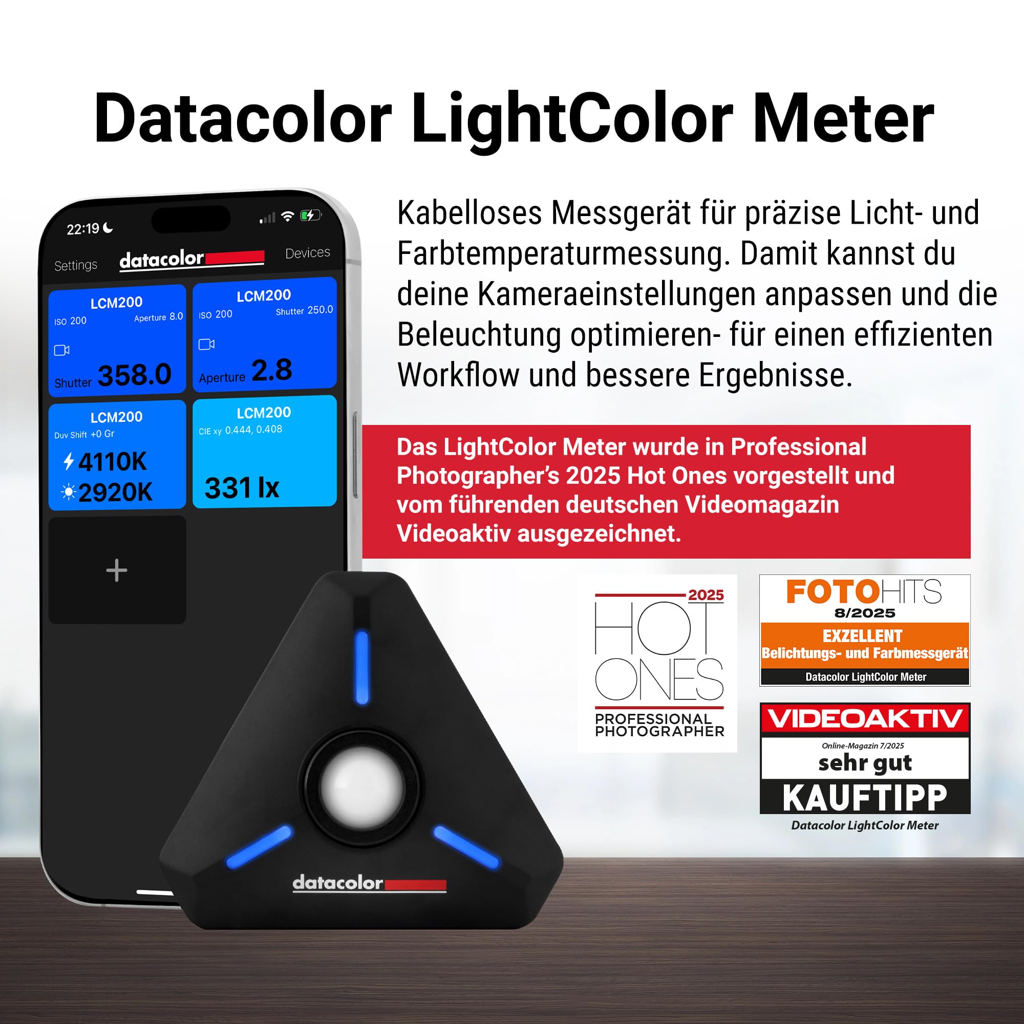 Datacolor LightColor Meter – Belichtungs- & Farbtemperaturmesser für Foto/Video, Lux, Licht & Farbtemperatur mit Bluetooth-App