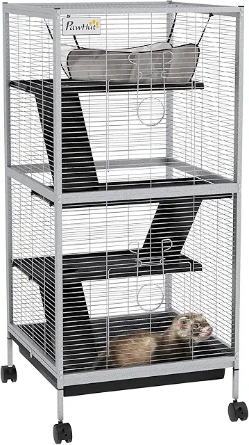 Cage métallique 4 niveaux pour chinchillas et furets avec roulettes, 52x52x113cm