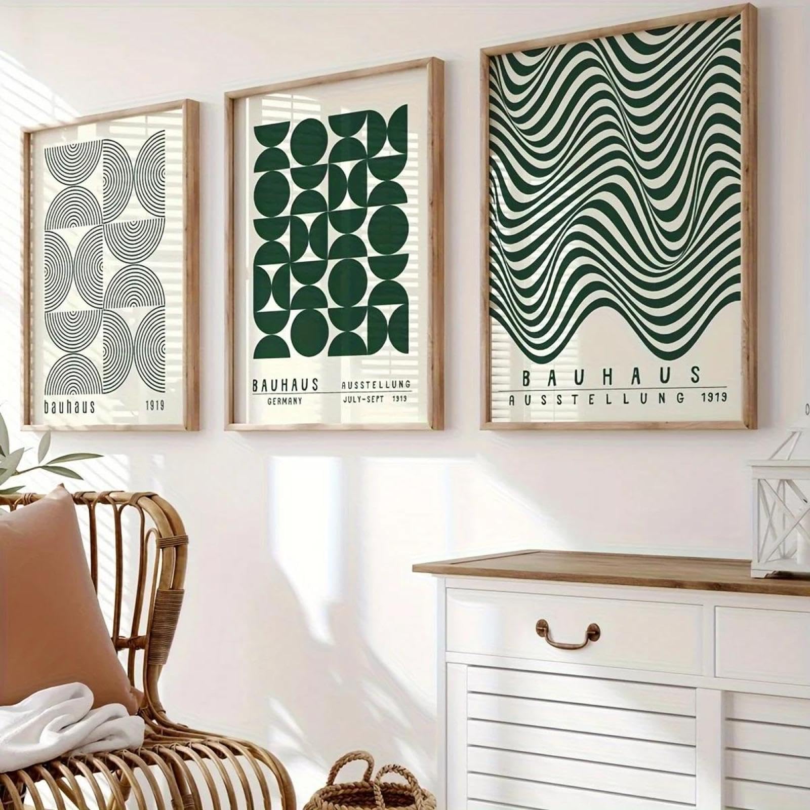 Baibexing Abstract Geometric Green Bauhaus Canvas Painting Poster Prints Wall Art Picture For Living Room Home Decor 60X80Cmx3Pcs Unframed
