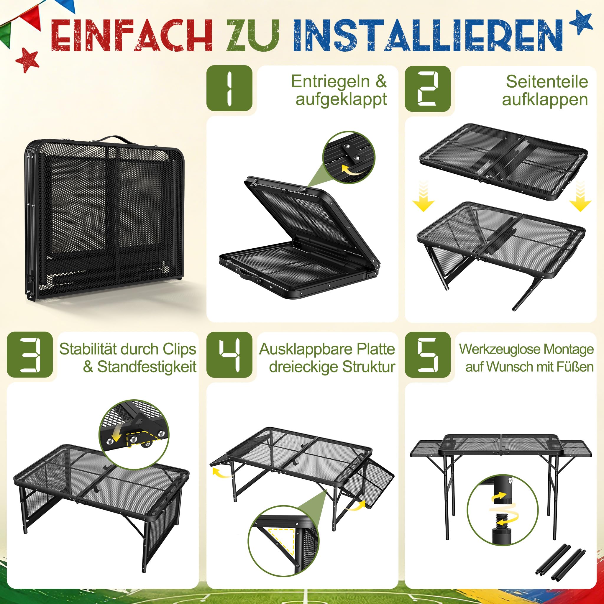 XMTECH Table de camping pliable - Table de barbecue pliable - 90 x 60 cm - Hauteur réglable - Extensible jusqu'à 134 x 60 cm - Pour camping, plage, jardin ou barbecue
