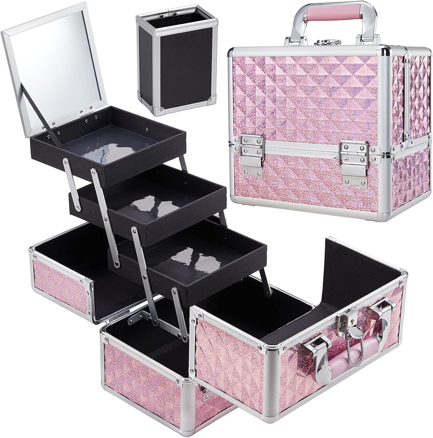 Costravio Makeup Box Train Case Organizer with Mirror & Brush Holder Cosmetics Organizer for Make up with 3-Tier Tackle Trays Pink Glitter Style