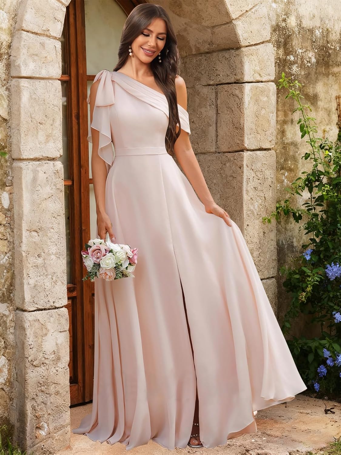 One Shoulder Chiffon Bridesmaid Dresses for Women A Line Pleated Formal Evening Gown with Slit - Image 2
