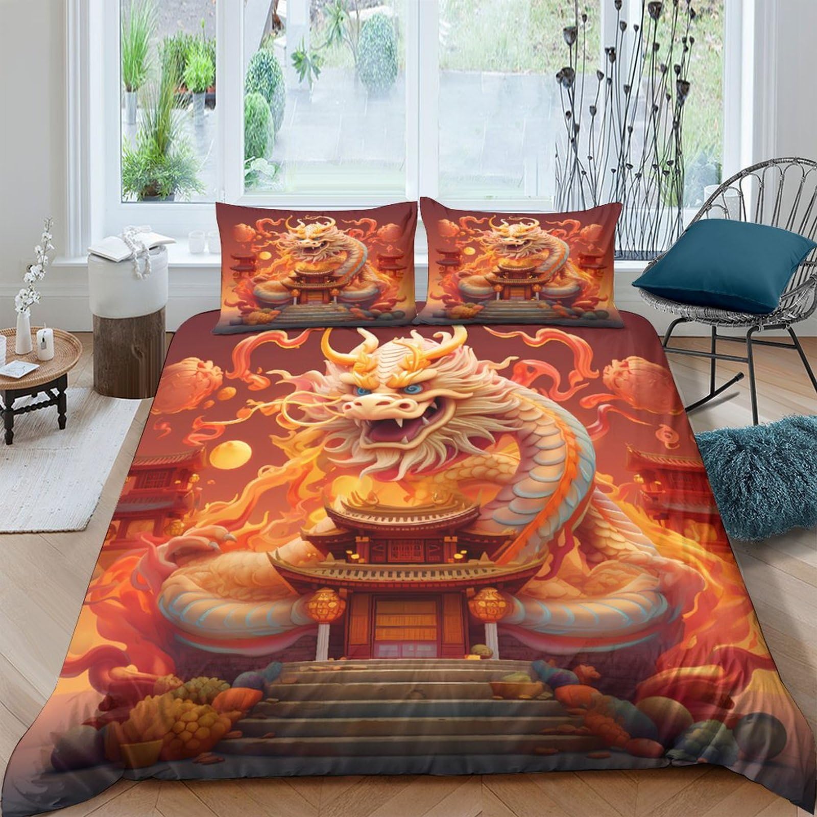Ctjqhvkz Style-1 3D Printed Golden Dragon Fitted Sheet Microfiber Soft Orange Flame Chinese Temple Mattress Cover Bedroom Decor Single（135X200cm）