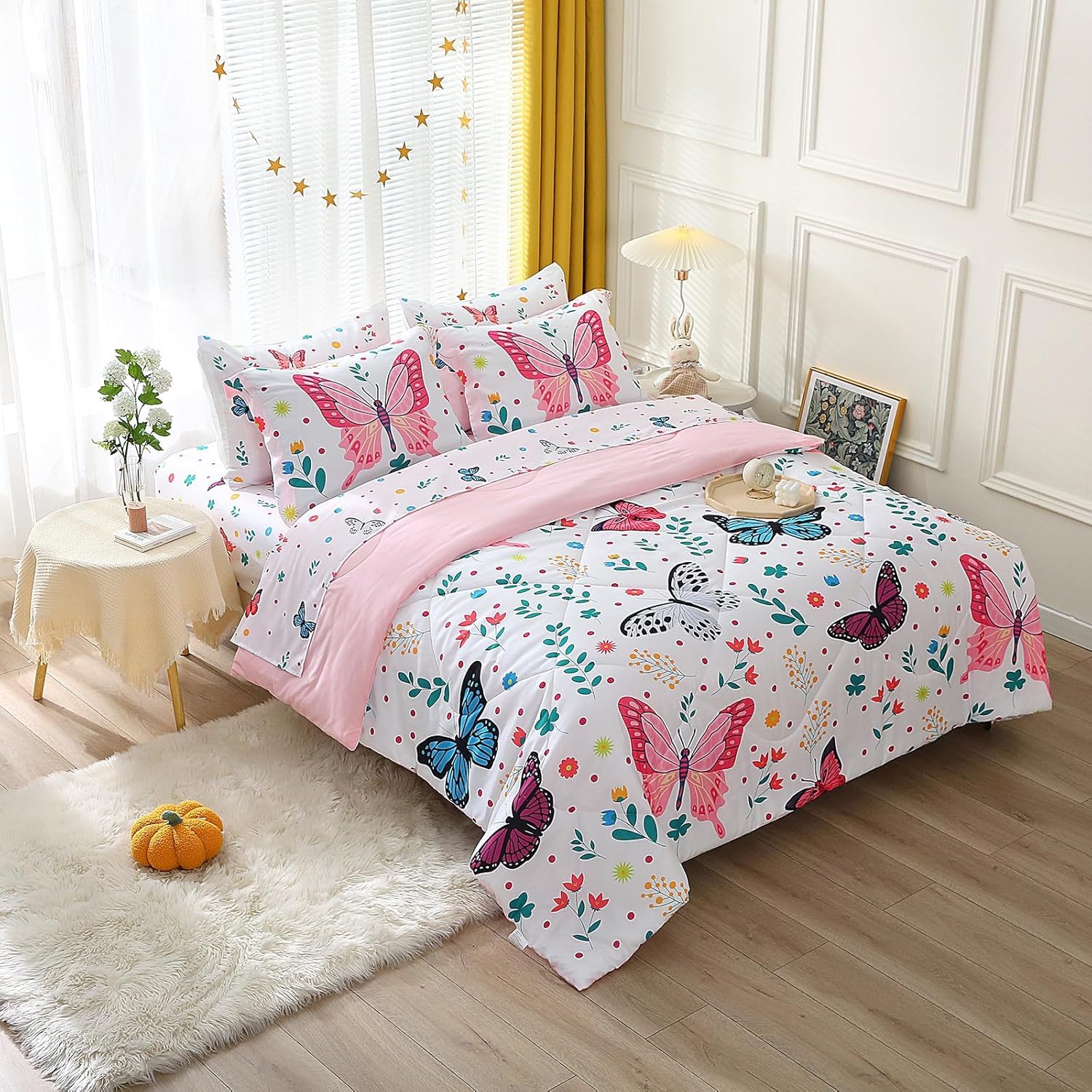 Girls Butterfly Comforter Set Full Size 7 Piece Bed in A Bag Colorful Flowers Leaves Bedding Set for Kids Teens Super Soft All Season - Image 8