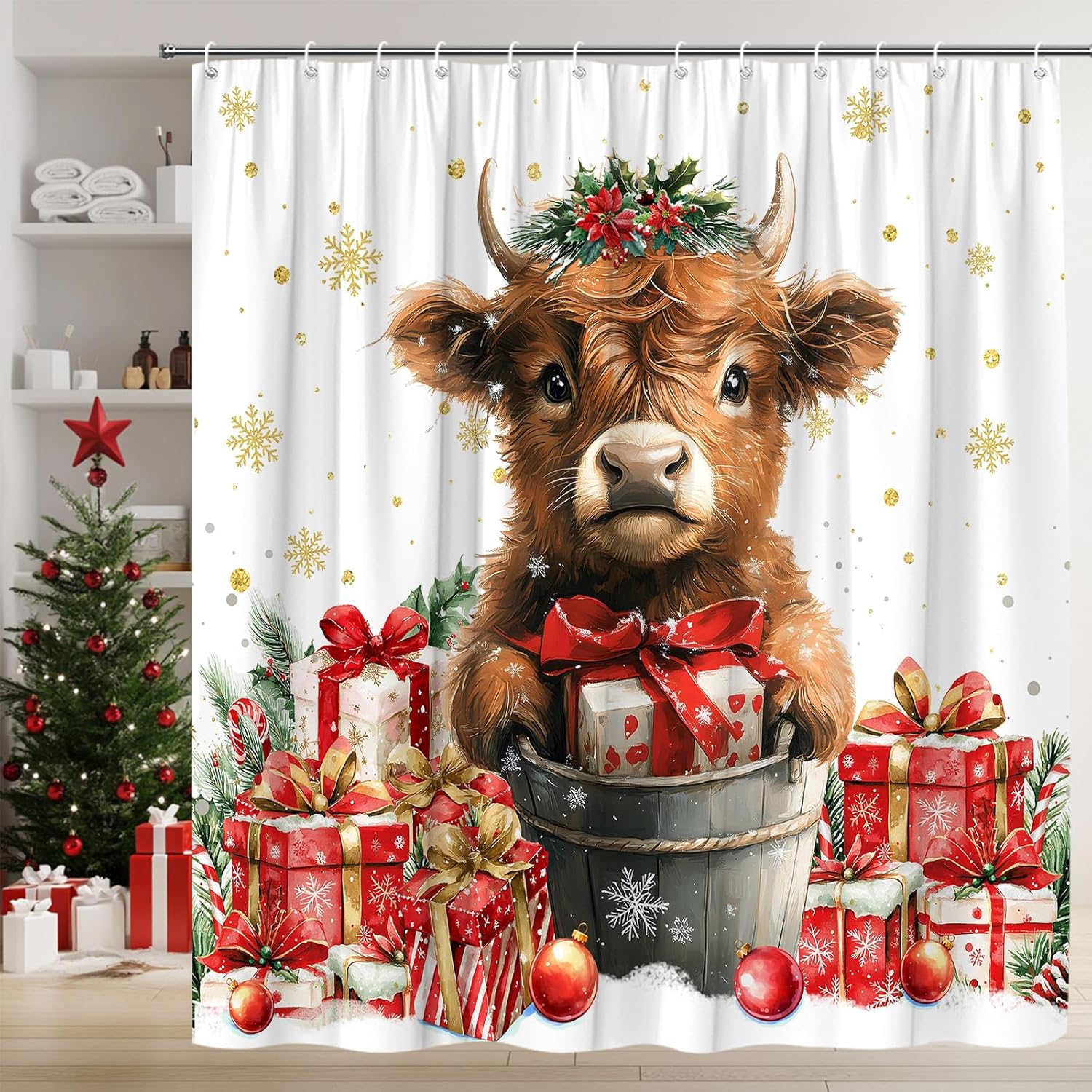 Christmas Highland Cow Shower Curtain Country Rustic Xmas Winter Snowflake Snow Holiday Polyester Fabric Bathroom Decor Set with Hooks(70" Wx84 H)