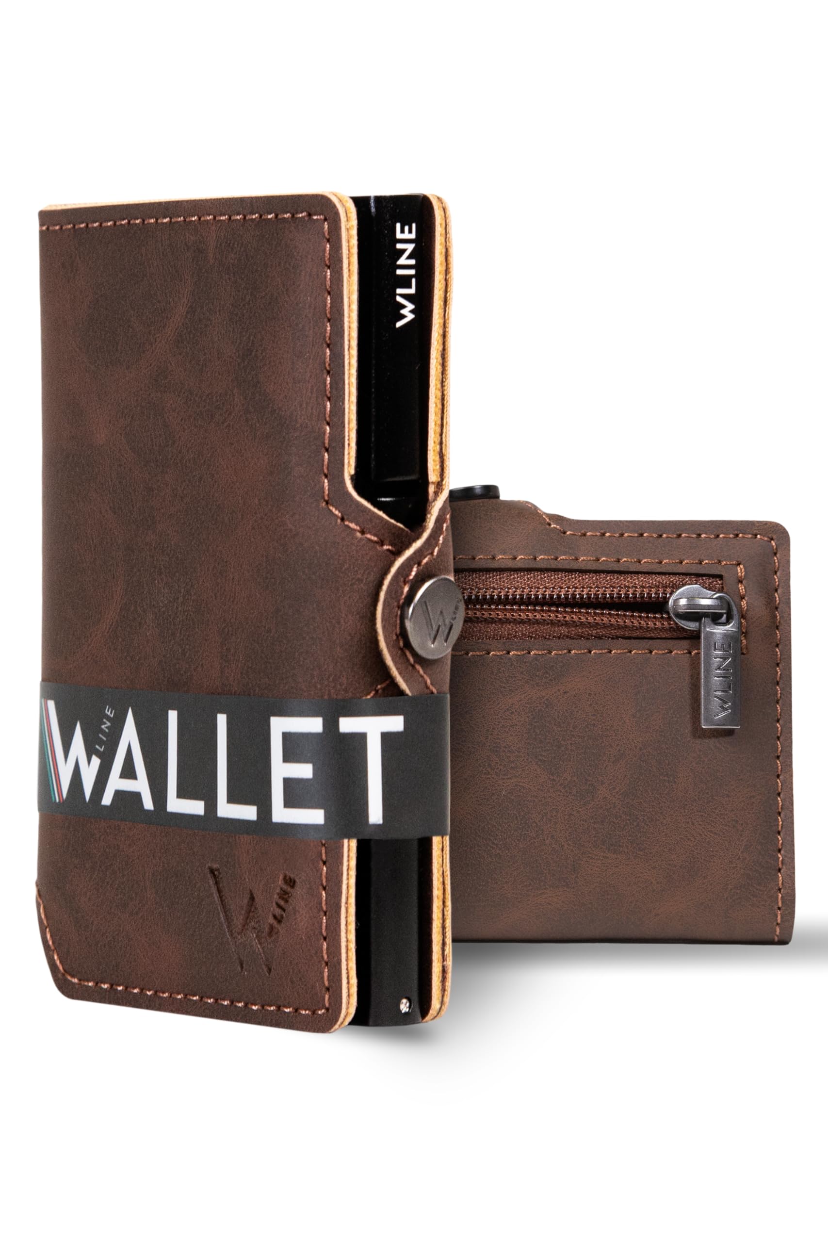 WLine Portafoglio Uomo Slim con Portamonete Rfid Compatto ed Elegante - Porta Carte di Credito Uomo e Donna Schermato in Pelle PU - Portatessere Uomo Tascabile (Marrone Scuro Vintage con Zip)