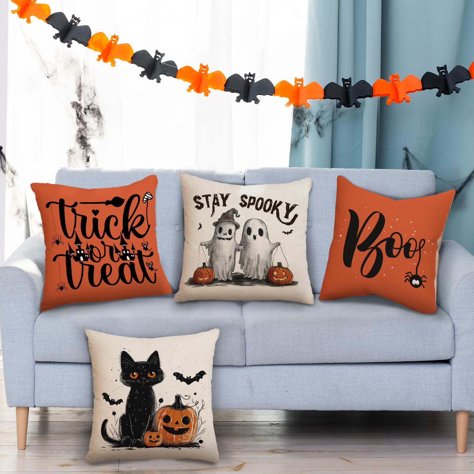 AIBIIN 4 federe per cuscino di Halloween in lino per divano, casa, camera da letto, motivo fantasma, gatto nero, zucca, 45 x 45 cm