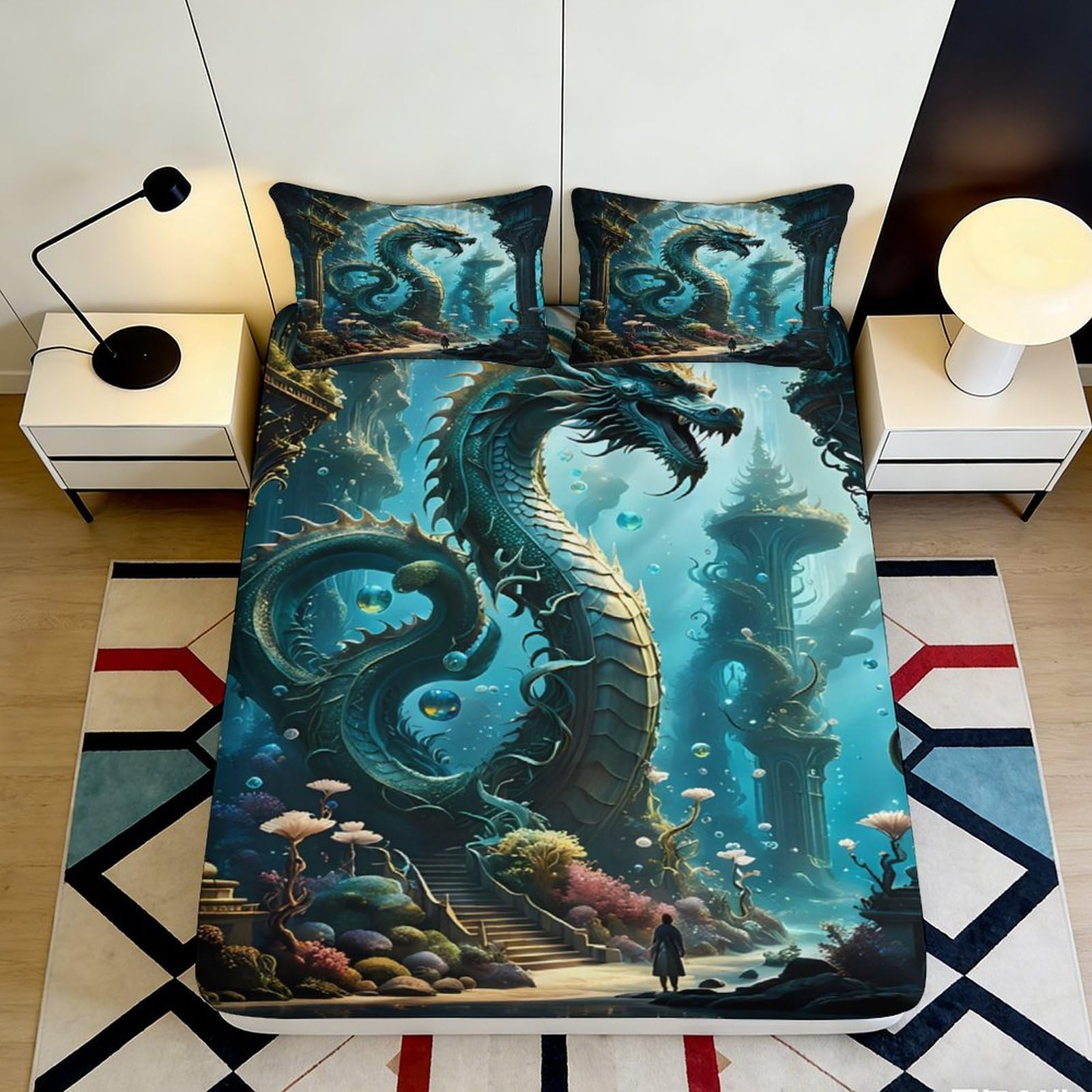 3D Printed Underwater Dragon Fitted Sheet Microfiber Soft Durable Ocean Fantasy Bed Cover for Bedroom Dormitory Guest Room Mattress Protection 120x200x25cm