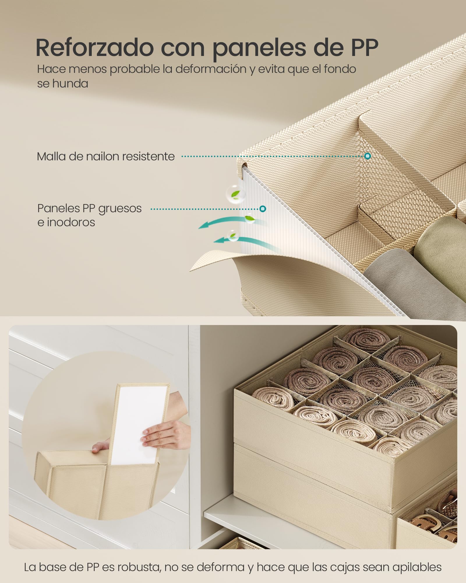 SONGMICS Juego de 4 Organizadores de Cajones, 80 Compartimentos, Cajas Plegables, 30x30x10 cm, Beige Arena