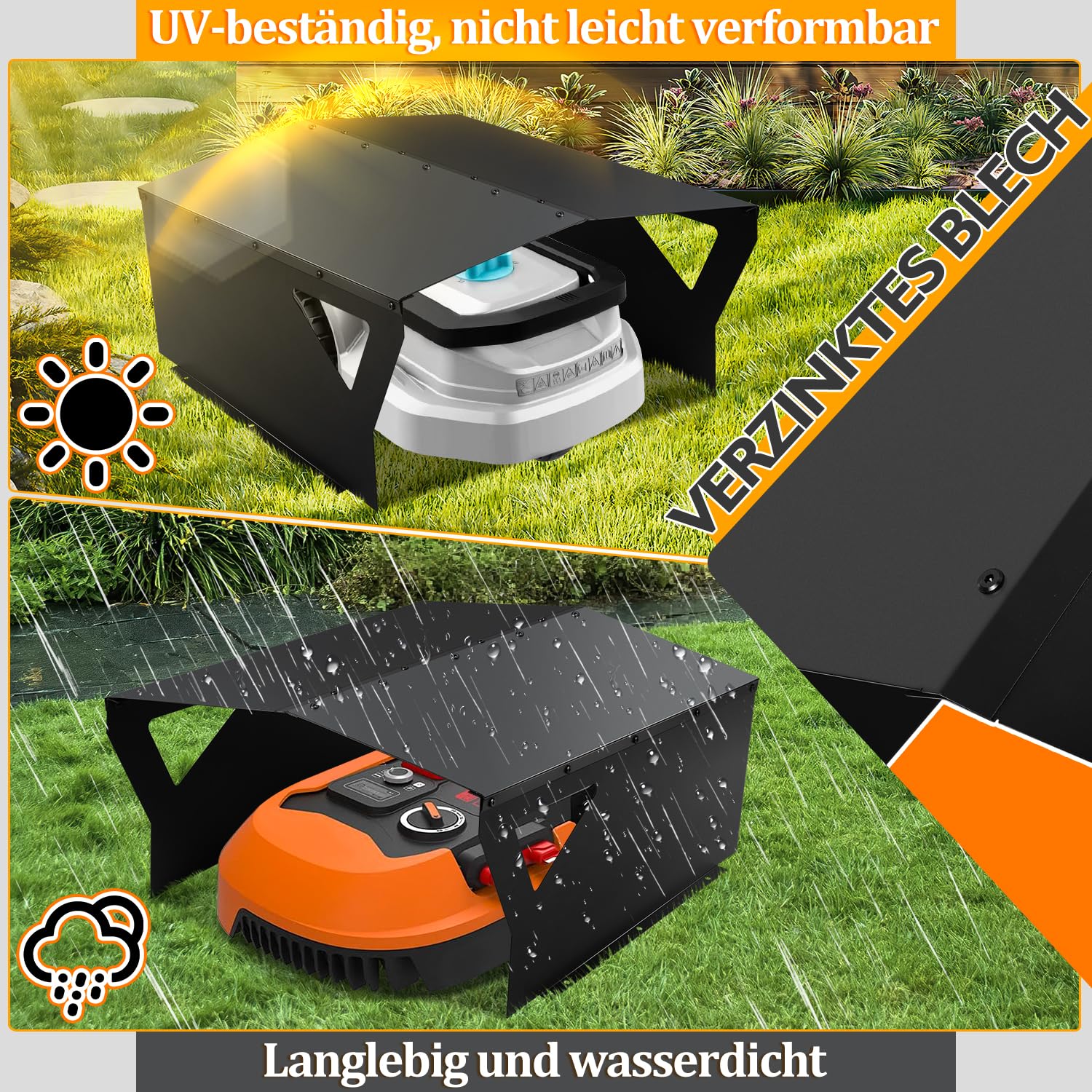 Gimisgu Toit de protection galvanisé pour robot tondeuse à gazon, avec gants et protection UV, idéal contre la pluie et la grêle, 78 x 60 x 34 cm, noir