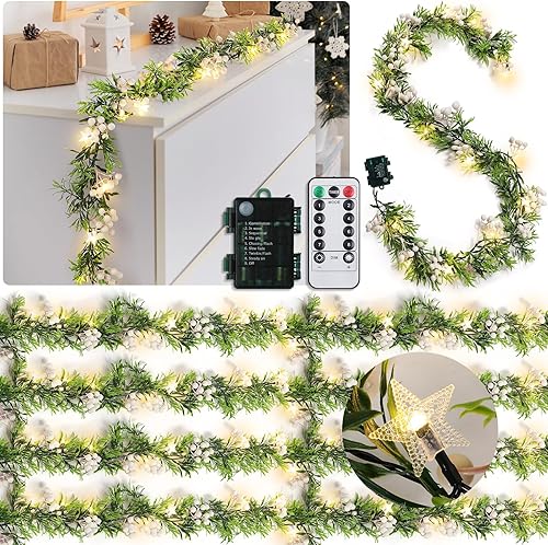 Miniatura 10 de Duraaamo 5 piezas de guirnalda de Navidad preiluminada con luces de estrella de 1,8 m, 20 luces LED, guirnalda de acebo con bayas rojas, funciona