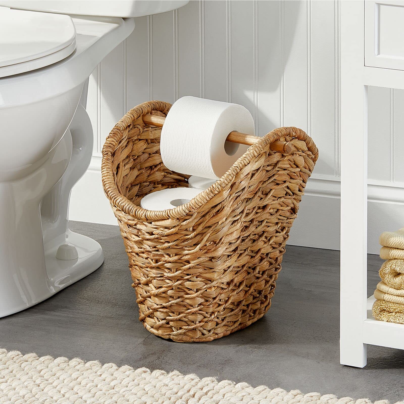 mDesign Rustic Farmhouse Water Hyacinth Toilet Paper Holder/Dispenser Basket with Dowel Rod - Storage Organizer for Master or Guest Bathroom Organization - Holds 5 Rolls of Toilet Paper - Natural/Tan