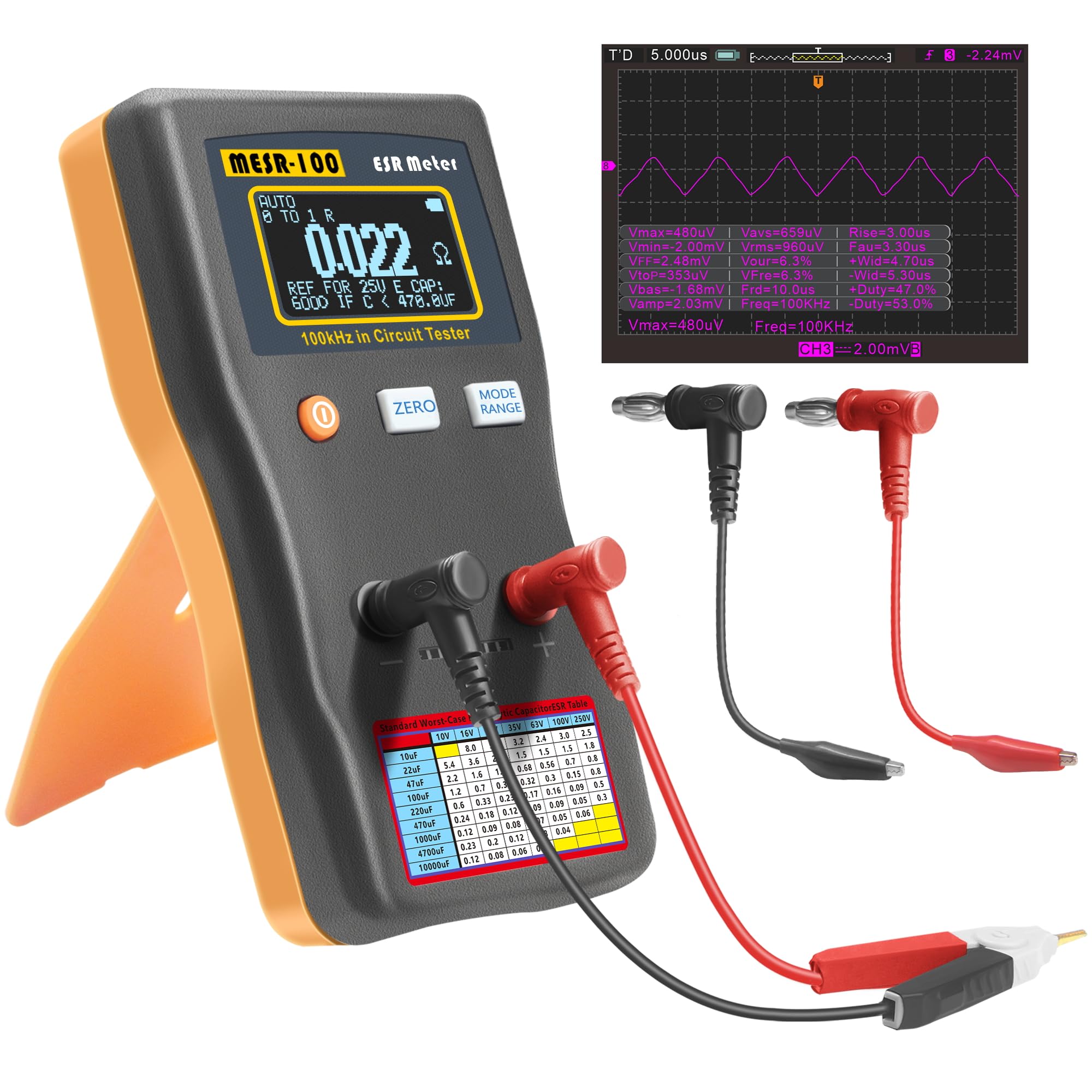 Wisamic MESR-100 V2 Automatic Range Switching, ESR Meter Capacitor Tester, Low Ohm Meter Up to 0.01 to 100R, Alligator Clip and SMD Test Clip Supporting Capacitance Meter Measurement in The Line