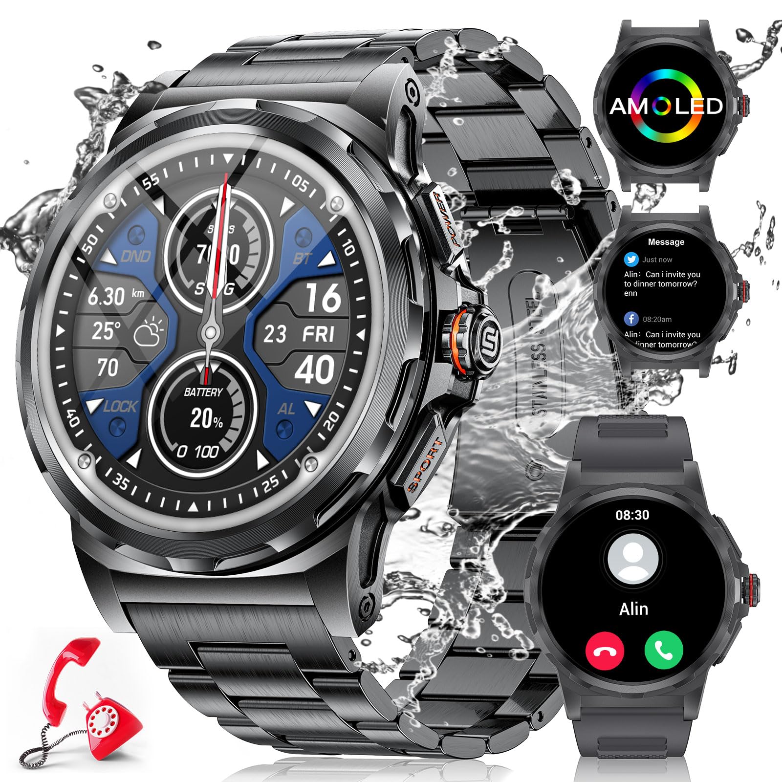 LIGE Reloj Inteligente Hombre, 1,43'' AMOLED Smartwatch con Llamadas y Asistente Voz, Pulsómetro/Monitor de Sueño/Podómetro, 2 Correas, 129 Modos Deportivos Smart Watch Android iOS