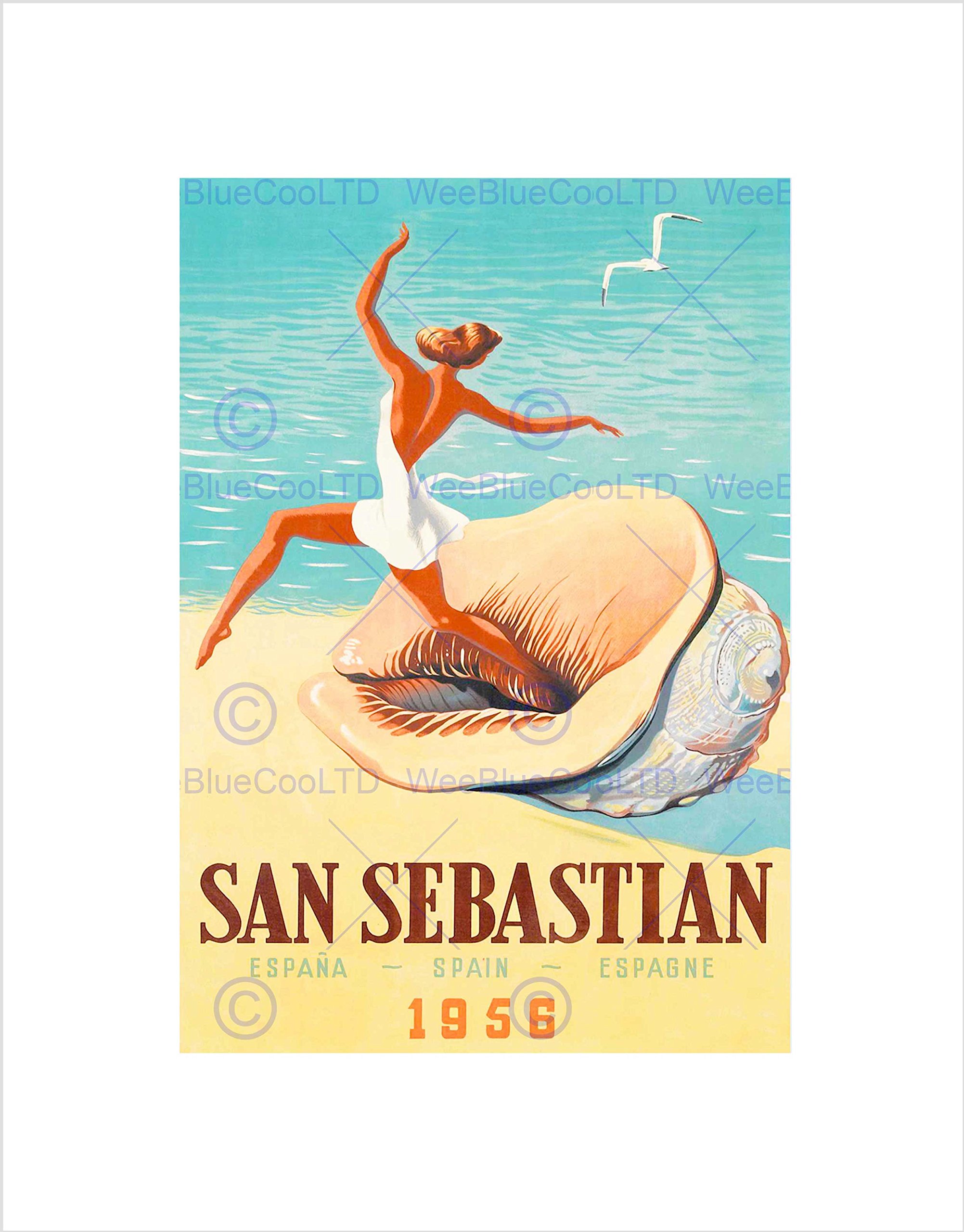 Wee Blue Coo TRAVEL SAN SEBASTIAN SPAIN BEACH CONCH SHELL GULL SEA SAND ART PRINT B12X12373