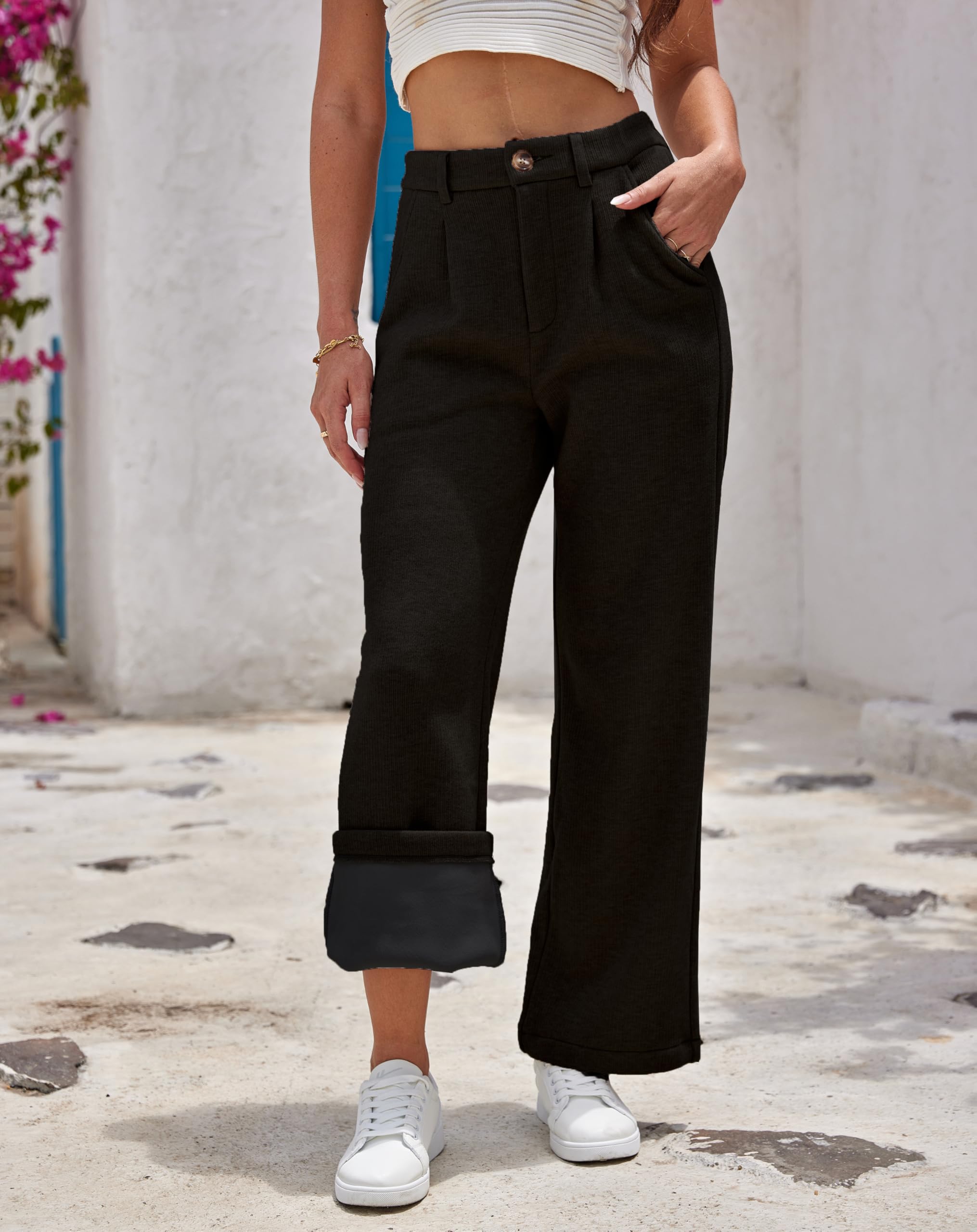 Fakanhui Pantaloni da lavoro eleganti da donna foderati in pile a gamba larga a vita alta invernali caldi pantaloni casual