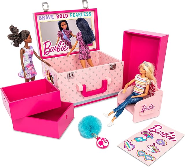 Barbie 187A My Barbie Wooden Dream Box with Key Ring and Stickers, Childrens Jewellery Storage Box, Age 3 Years+, Pink, 26.7 x 28.5 x 20.7cm