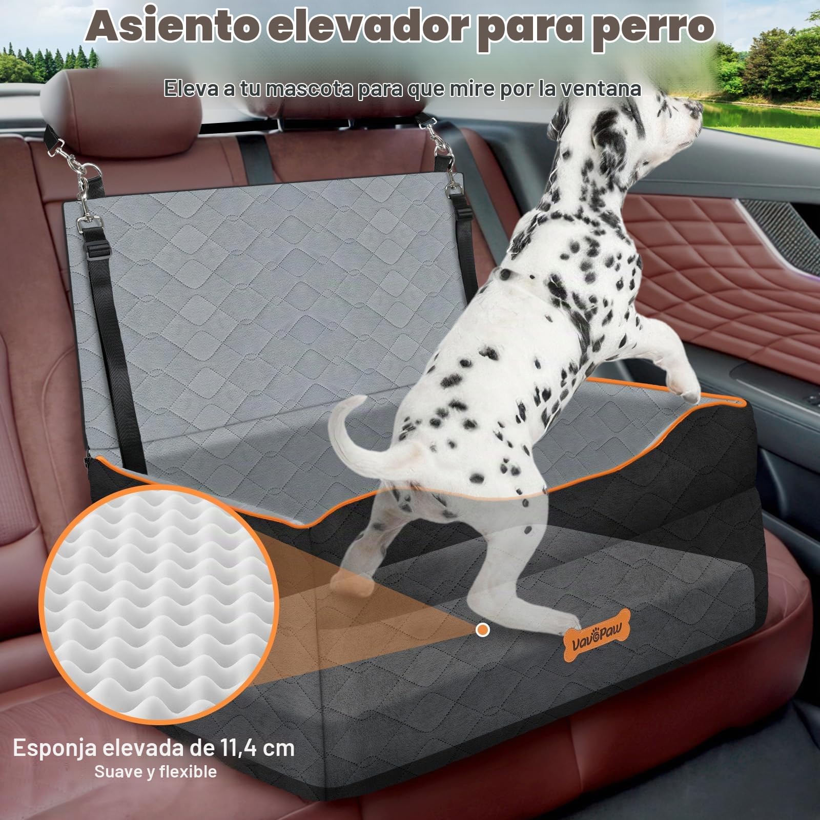 VavoPaw Asiento de Coche para Perro, Asiento Elevador Impermeable con Correa de Seguridad y Cojín Grueso, Cama Extraíble en Asientos Trasero para Mascotas Perro Mediano para Viajar