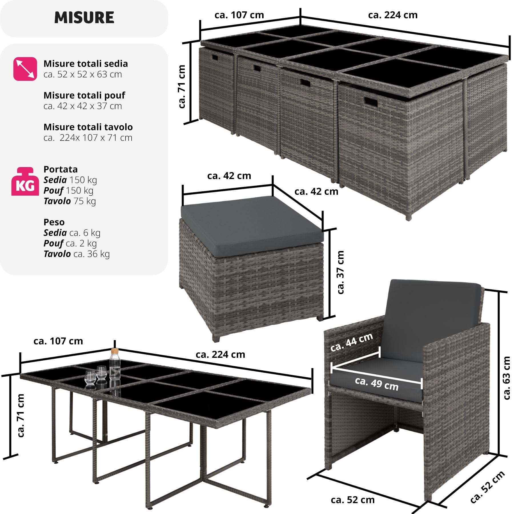 Tectake Set Mobili da Giardino in Poli Rattan 8 Sedie 1 Tavolo 4 Sgabelli Rivestimenti Rimovibili Idrorepellenti Grigio
