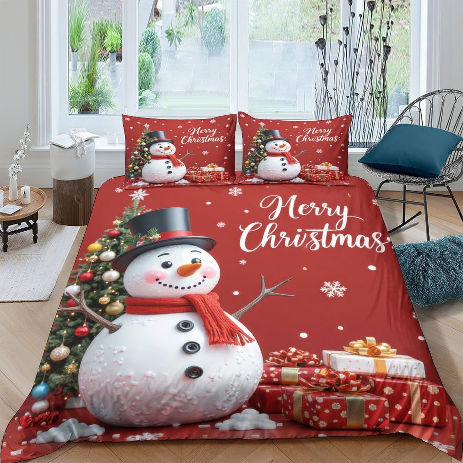 Ctjqhvkz Style-9 3D Printed Christmas Snowman Fitted Sheet Microfiber Red Holiday Tree Bed Cover For Bedroom Guest Room Decor Single（135X200cm）