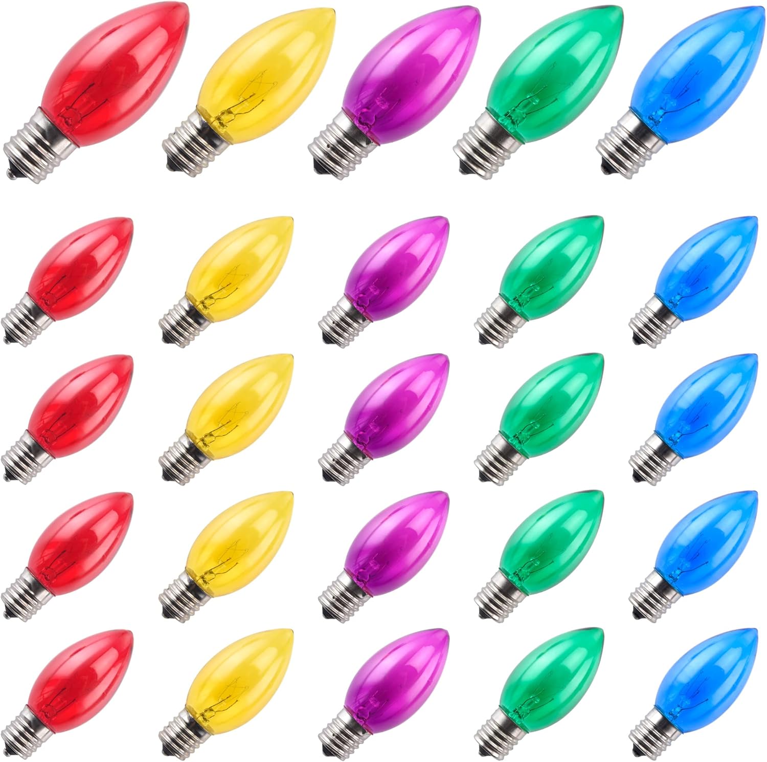 Colorful 25 Pack C9 Christmas Bulbs Replacement - Multicolor Incandescent Bulbs, Christmas Light Bulb for Holiday String Lights, Indoor/Outdoor Decorations, 7 Watt Multi-colored