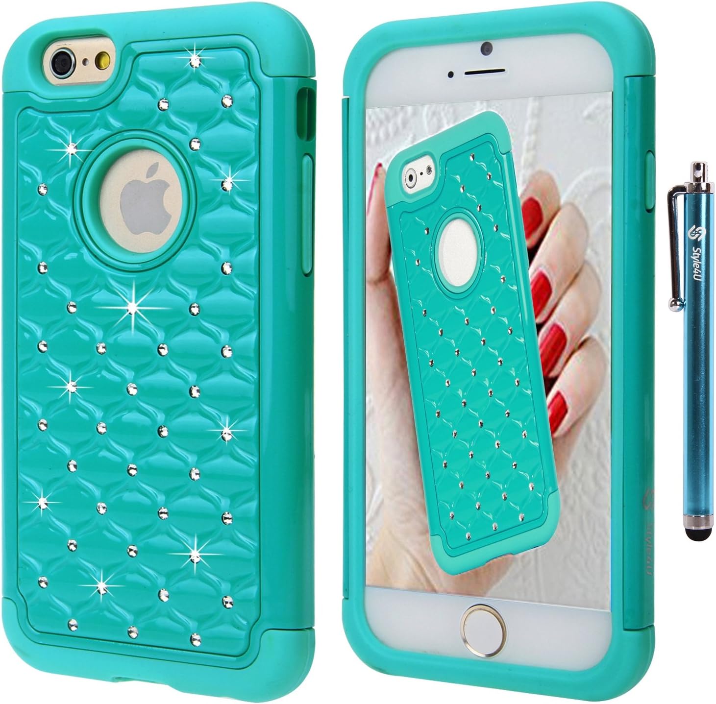 iPhone 6S Case, iPhone 6 Case, Style4U iPhone 6S / 6 Studded Rhinestone Crystal Bling Hybrid Armor Case Cover for Apple iPhone 6S / iPhone 6 with 1 HD Screen Protector and 1 Stylus [Teal/Mint Green]