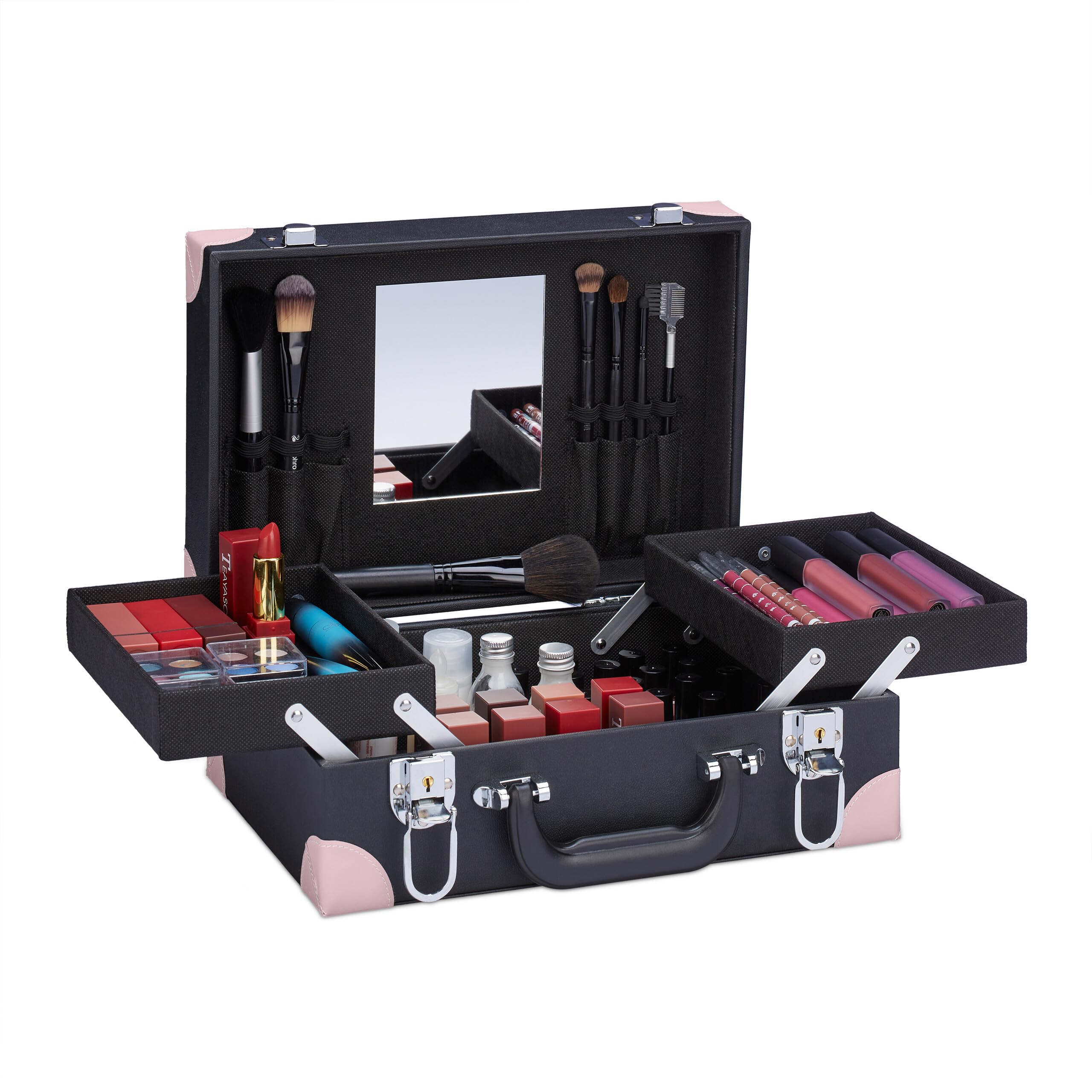 Relaxdays Valigetta per Trucchi con Specchio Maletín Maquillaje, para Esmaltes, Sombras, Estuche Make-Up con Espejo, 12,5 x 31 x 23 cm, Vacío, Negro/Rosa, Plástico Poliéster Vidrio