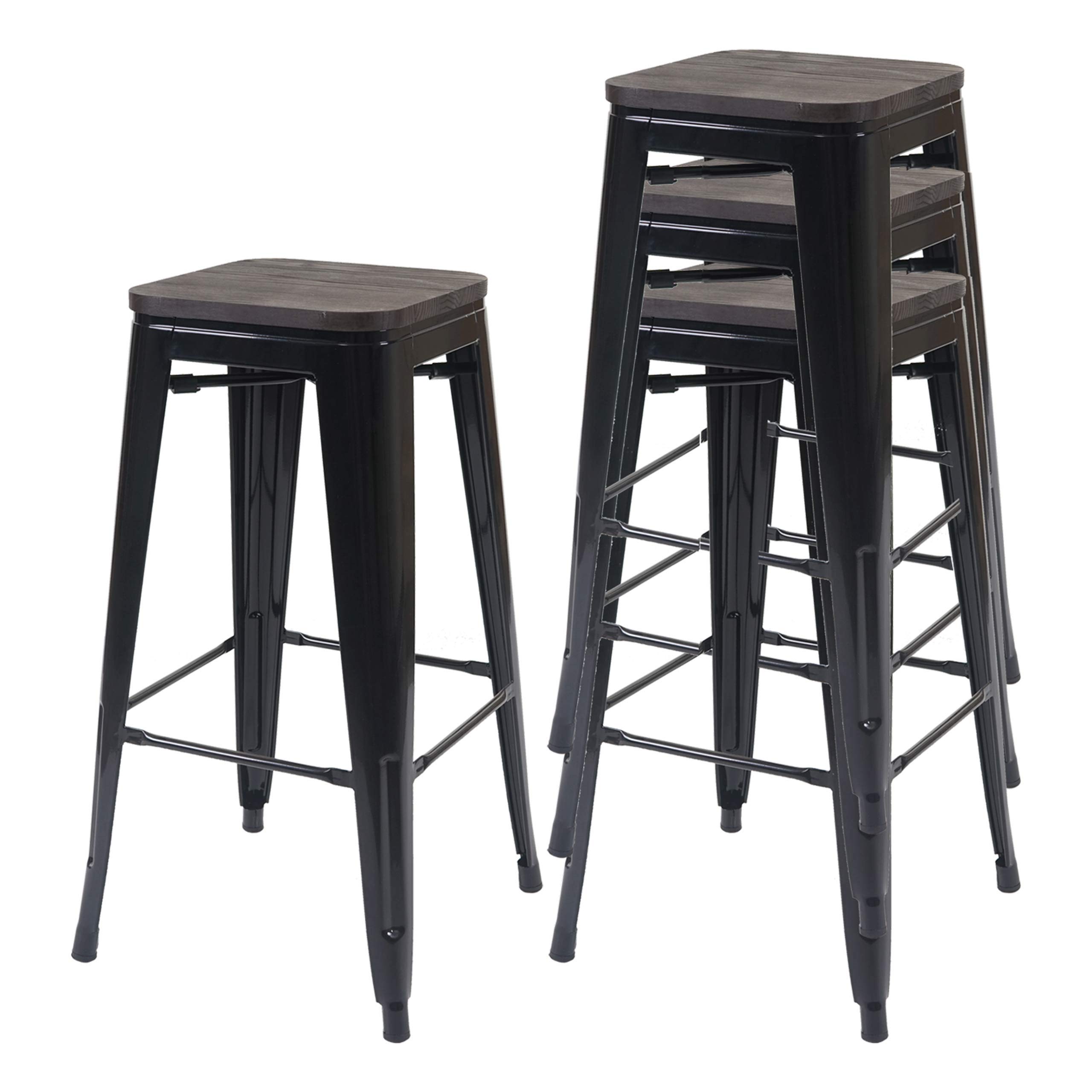 Mendler 4X HWC-A73 - Banquetas Taburete de Bar con Asiento de Madera (apilable, Metal)