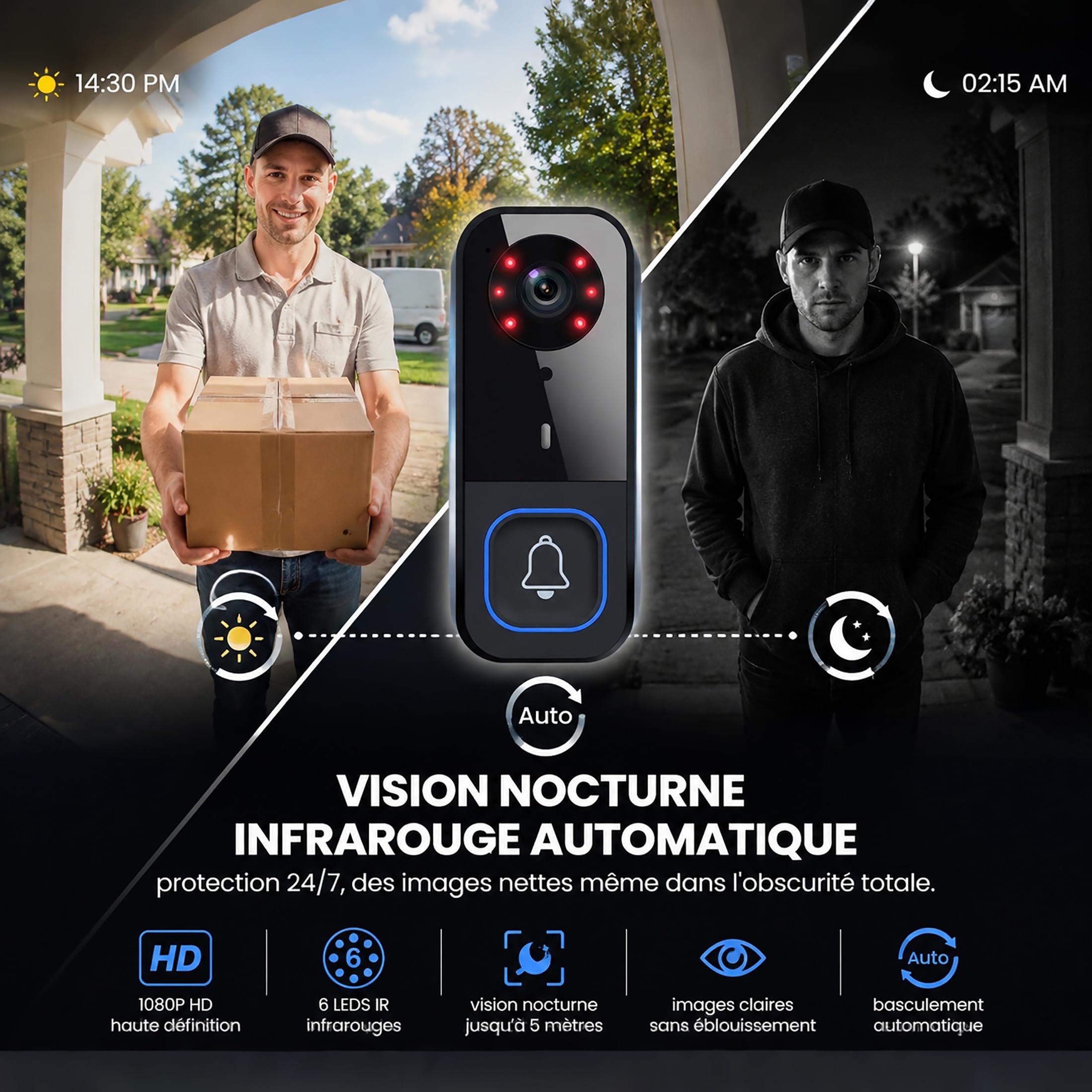 Sonnette sans Fil avec Caméra Extérieure Étanche IP65, Visiophone sans Fil Portée 40m, Interphone Vidéo sans Fil 1000mAh, Écran IPS 4.5 Pouces, Vision Nocturne Infrarouge, sans WiFi sans Application