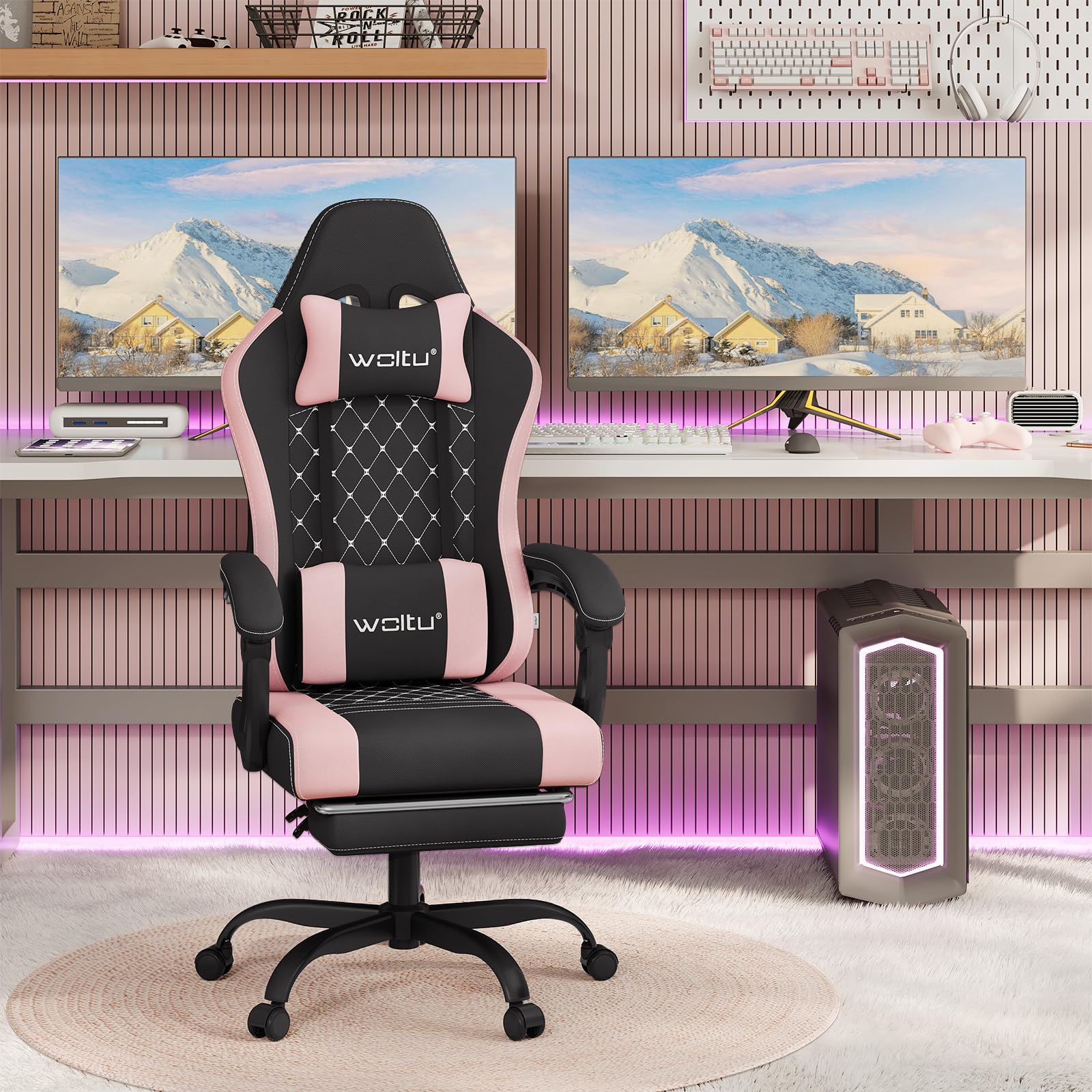 WOLTU Silla Gaming Ergonómica, Silla Oficina con Soporte Lumbar Masaje y Reposapiés Extraible, Silla Giratoria con Gran Asiento de Muelle, Capacidad de 150 kg, Tela de Malla Negro+Rosa,GS15swr