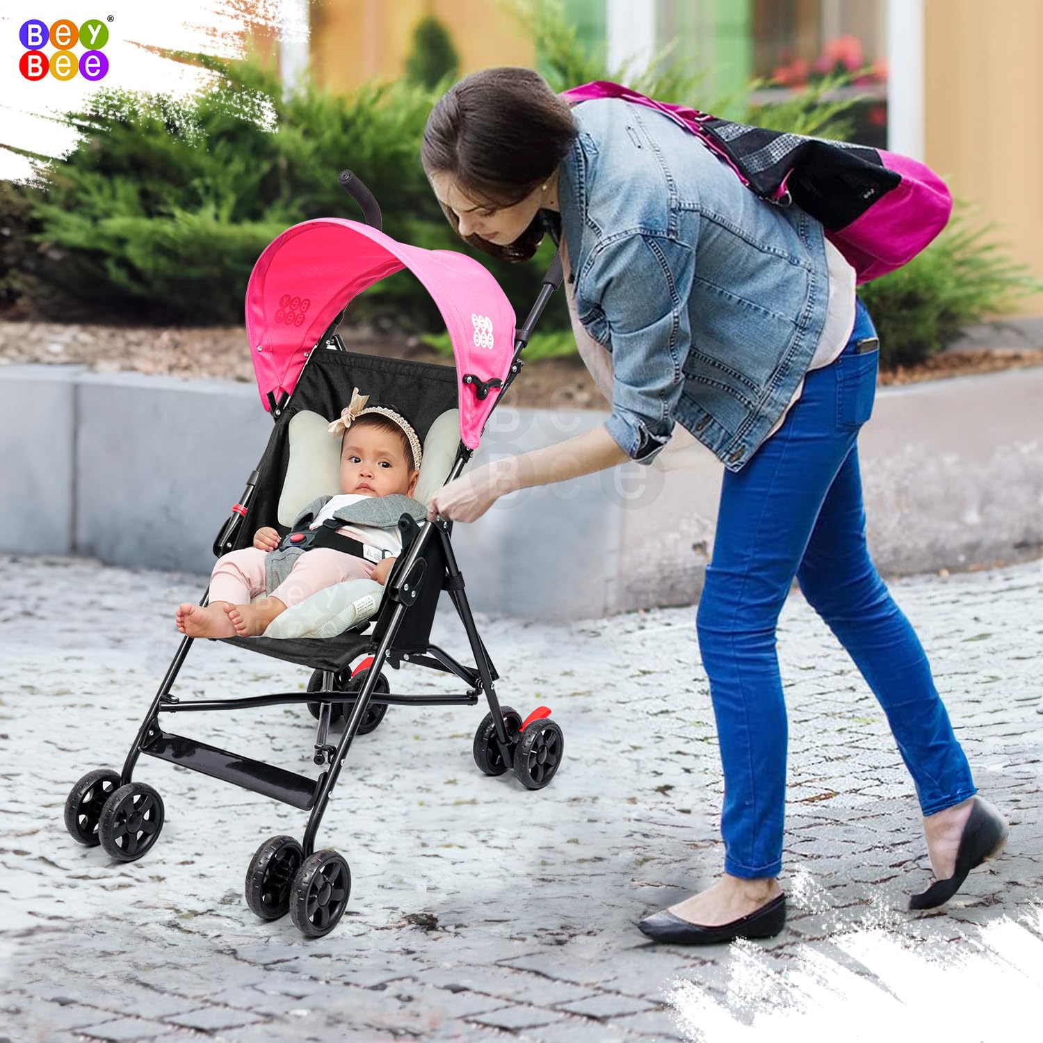 BeyBee Travel-Friendly Light Weight Baby Stroller and Buggy|Poratble Trolly for Newborn Kids with 5 Point Safety Harness|Pre Installed with Canopy|Easy Foldable Boys/Girls Age 0-3 Years (Pink) 1