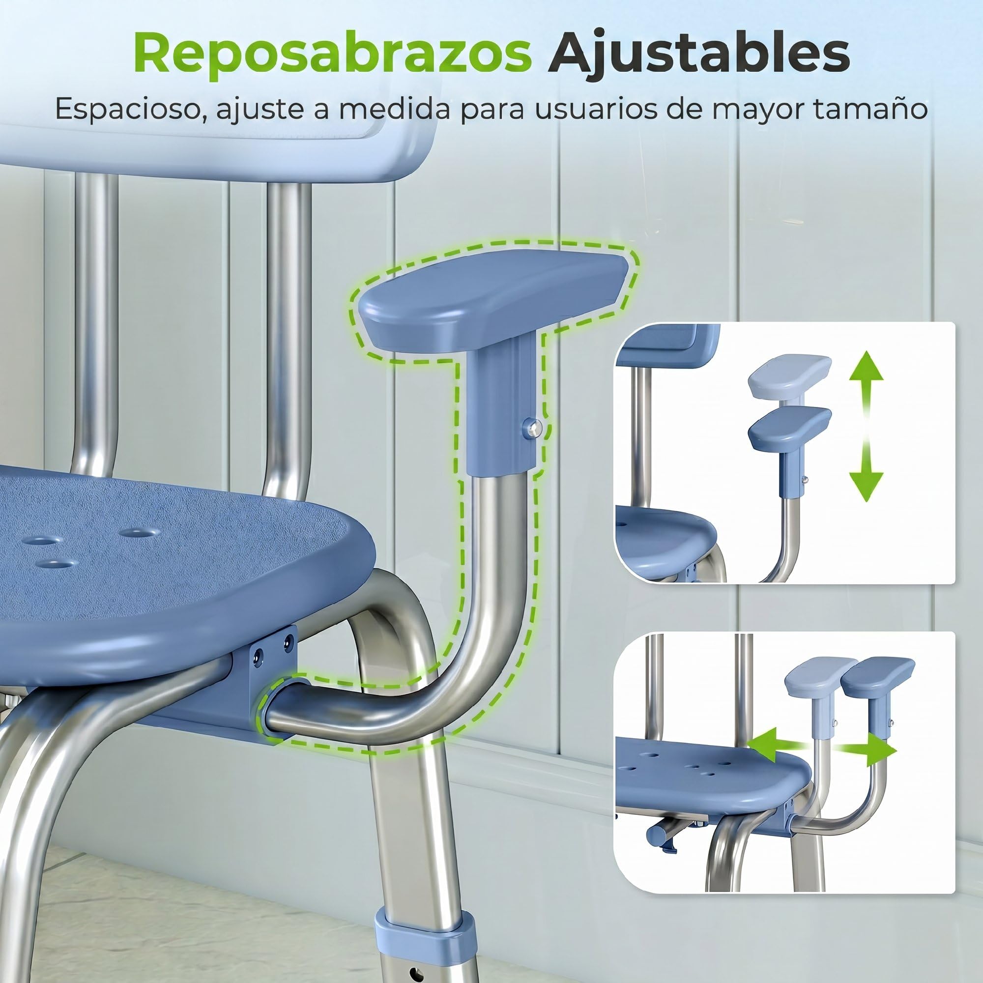 HOMCOM Silla Ducha Personas Mayores con Reposabrazos Ajustable 150 kg | Taburete de Baño Antideslizante con Respaldo, Altura Ajustable, Ancianos, Discapacitados, Minusválidos