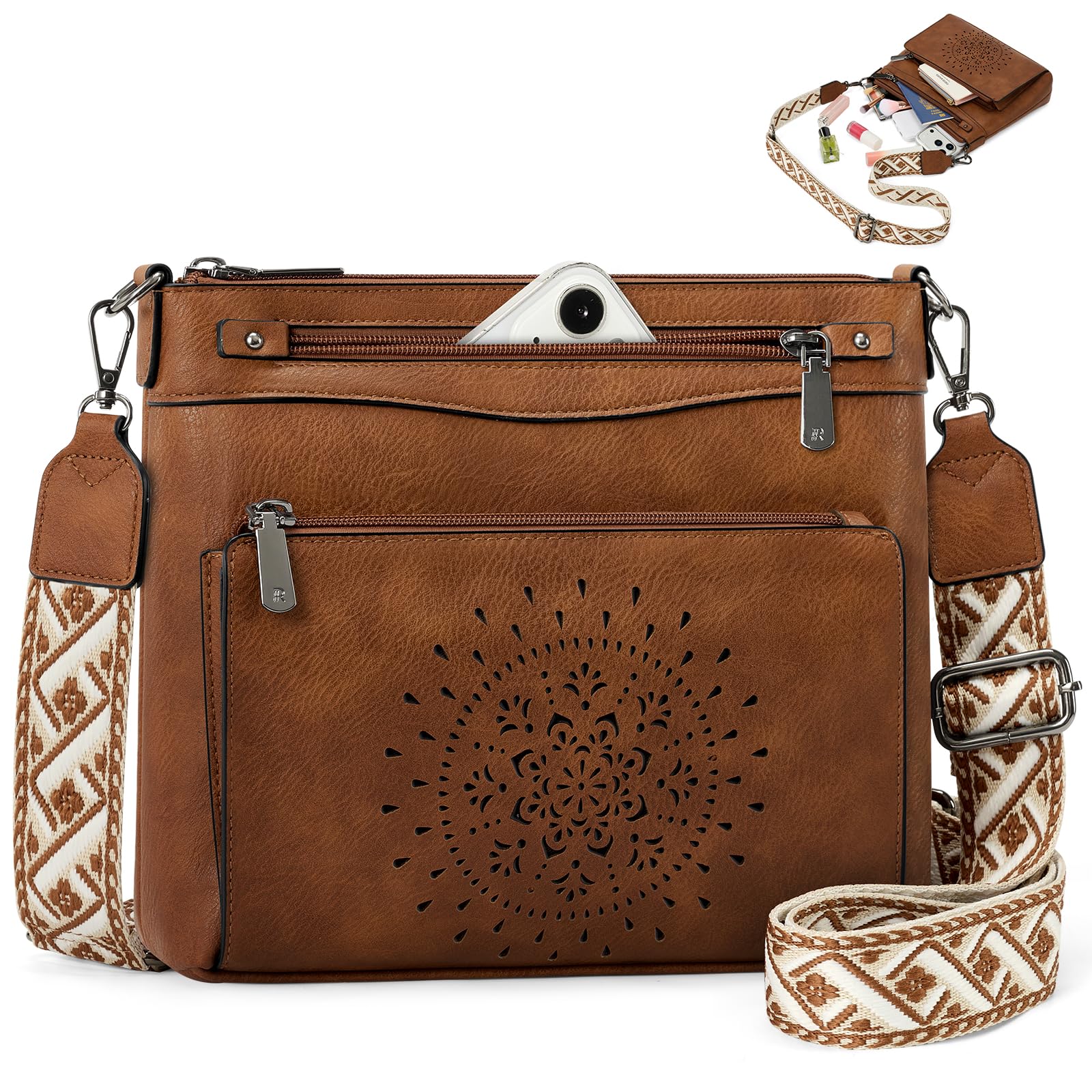 RAINSMORE Umhängetasche Damen Mittelgroß, Crossbody Bag mit Kartenfächer | Vintage Schultertasche PU Leder, Elegante Handtasche mit Breitem Gurt für Alltag & Reise, Braun