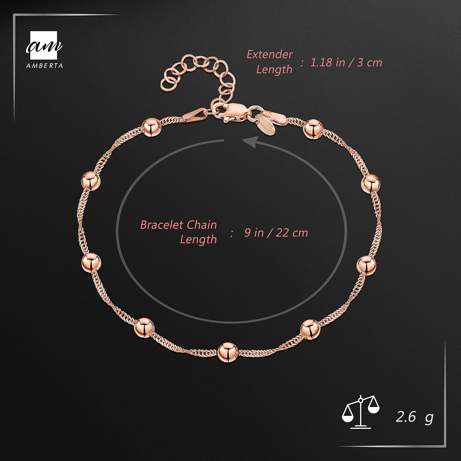 Amberta 14K Rose Gold Plated on 925 Sterling Silver Adjustable Anklet - Classic Chain Ankle Bracelets - 9" to 10" inch - Flexible Fit