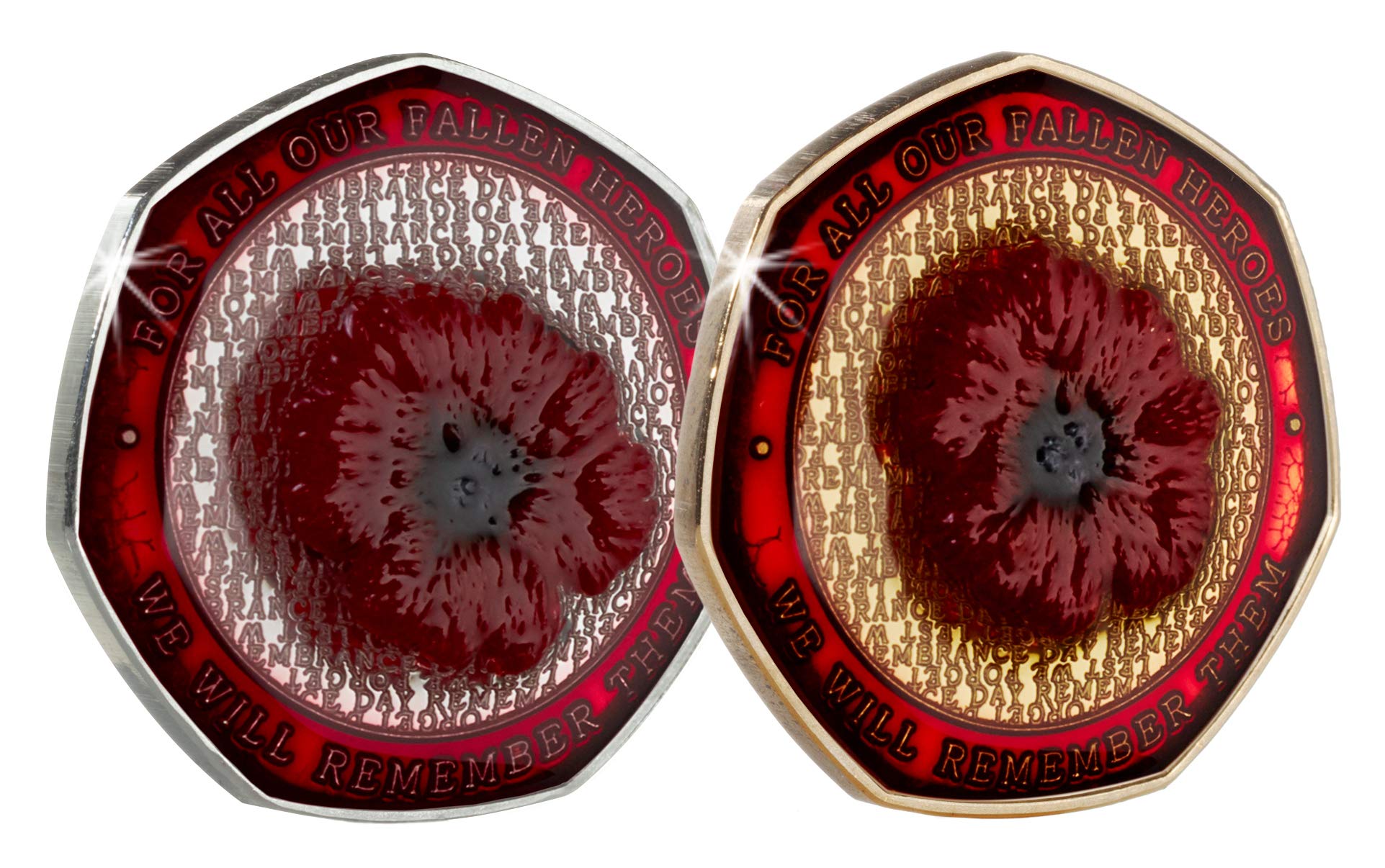 The Commemorative Coin Company Silver/Gold/Red Pair Of & 24Ct Armistice/Remembrance Commemoratives With Embroide Poppy, Enamel And Resin Coating. Ww1 Ww2. Unique Item. Capsules