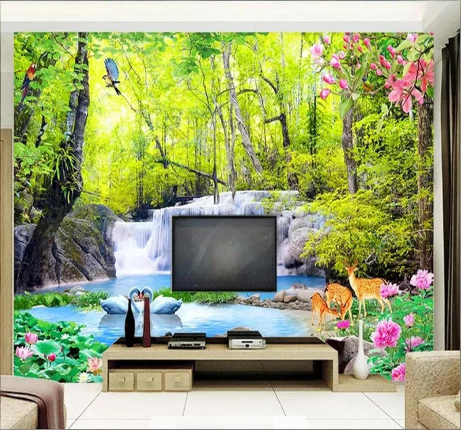 Xlming 350Cm×256Cm(B×H) Fresh Beautiful Forest Waterfall Natural Scenery 3D Wallpaper Premium Textured Silk Study Dining Living Room Bedroom Sofa Tv Wall Easy Install-350Cm×256Cm