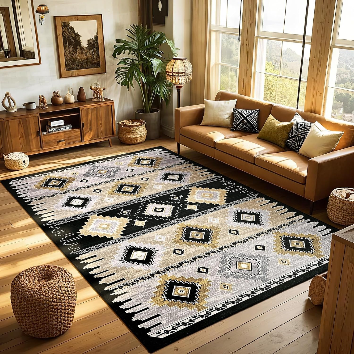 Tappeto Salotto Grandi 160 x 230 cm Tappeto Corridoio Antiscivolo Morbido Pelo Corto Tappeti per cucina Pranzo Soggiorno Camera da Letto Geometric Black Beige Gray Gold
